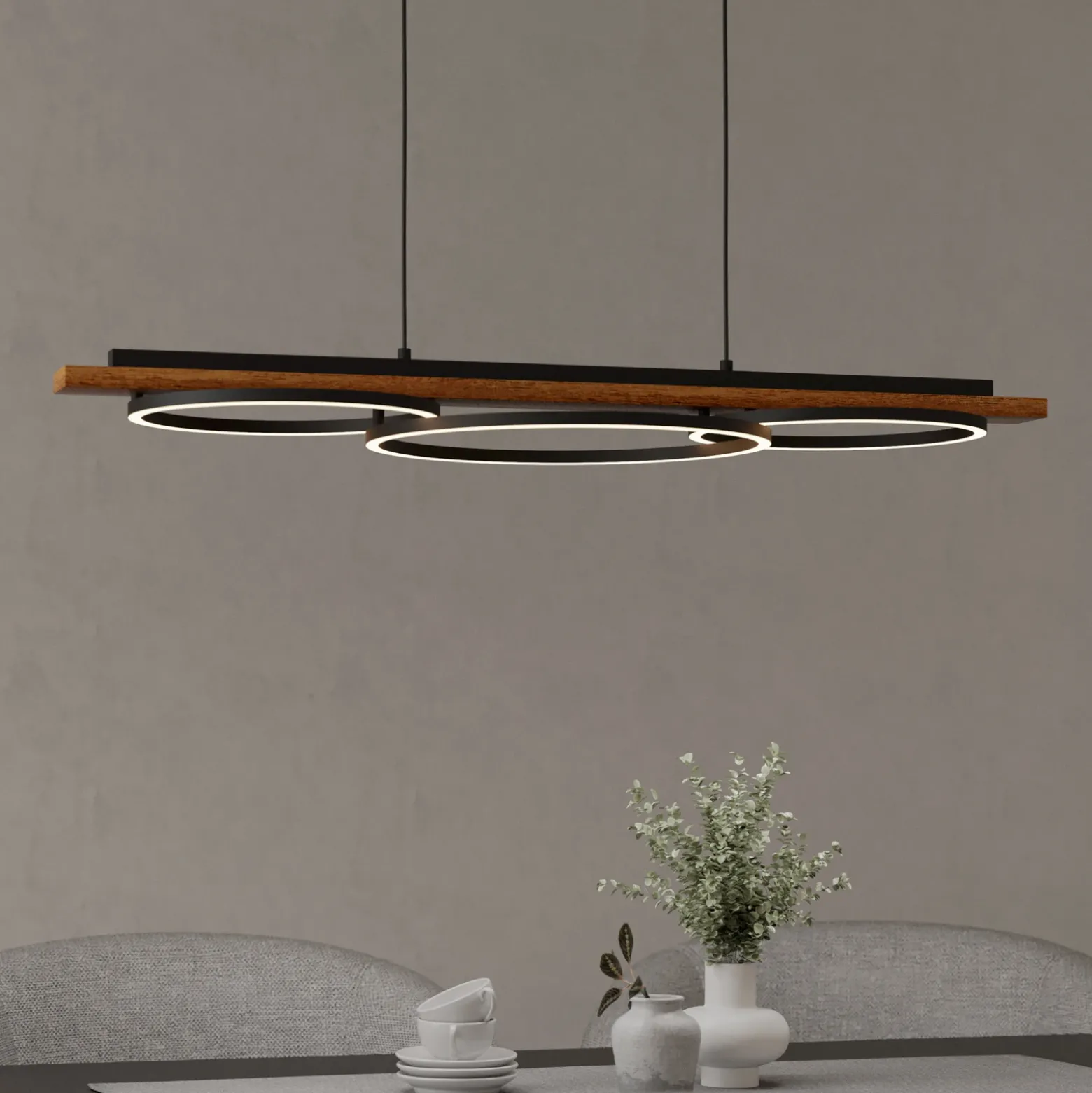 Lámpara colgante LED Boyal, marrón, longitud 101 cm, madera, 3 luces.