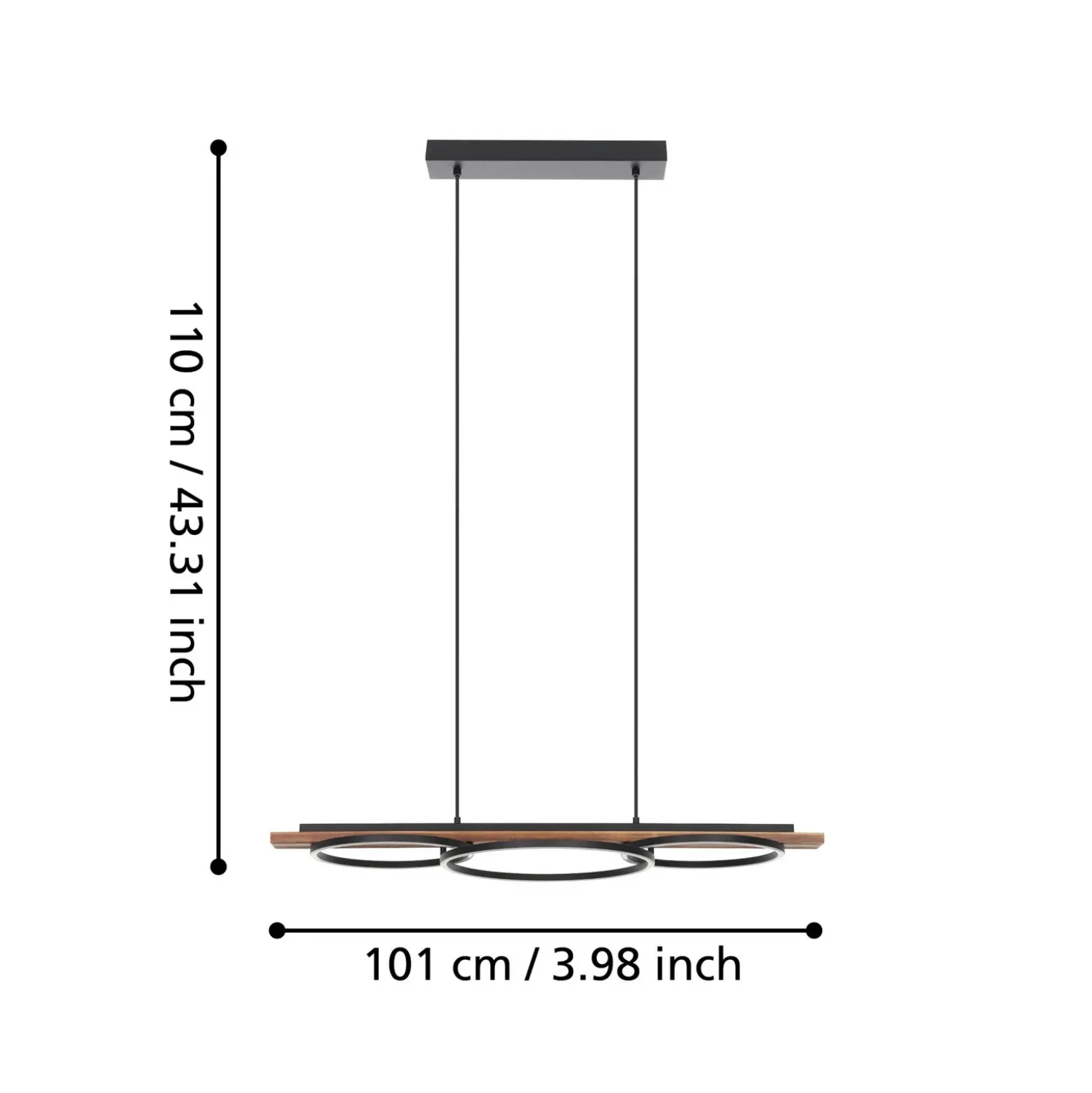Lámpara colgante LED Boyal, marrón, longitud 101 cm, madera, 3 luces.