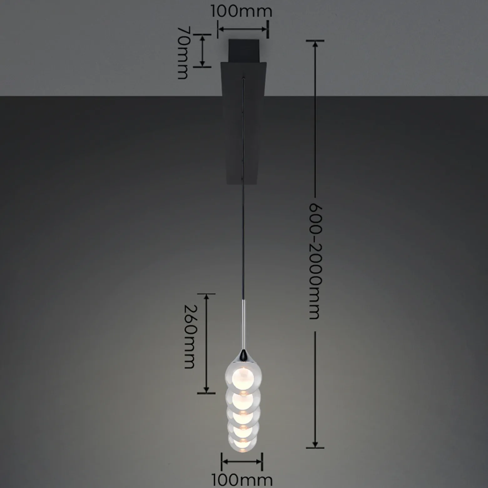 Lámpara colgante LED Calista, cromada, longitud 100 cm, metal/cristal, 5 luces
