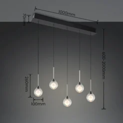 Lámpara colgante LED Calista, cromada, longitud 100 cm, metal/cristal, 5 luces