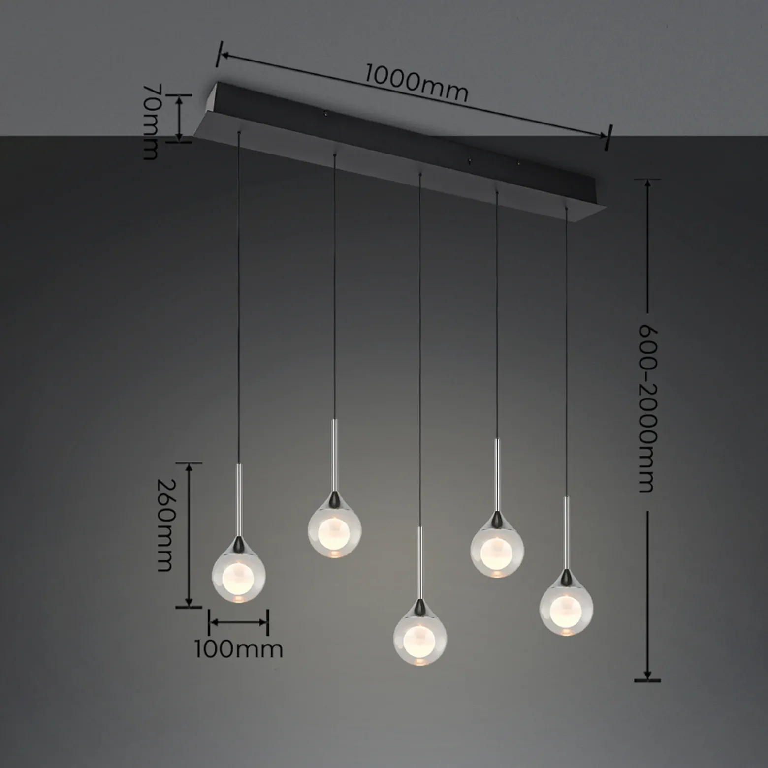 Lámpara colgante LED Calista, cromada, longitud 100 cm, metal/cristal, 5 luces