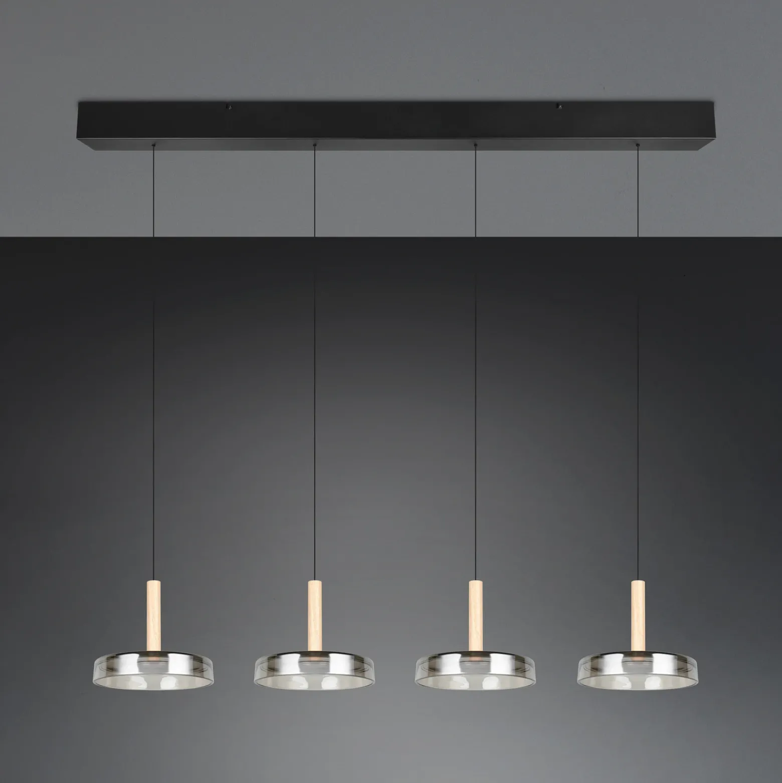 Lámpara colgante LED Celeste cromo/madera 115 cm 4 luces de cristal atenuables