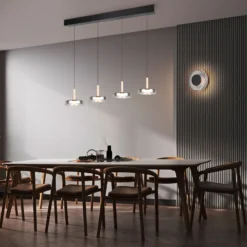 Lámpara colgante LED Celeste cromo/madera 115 cm 4 luces de cristal atenuables