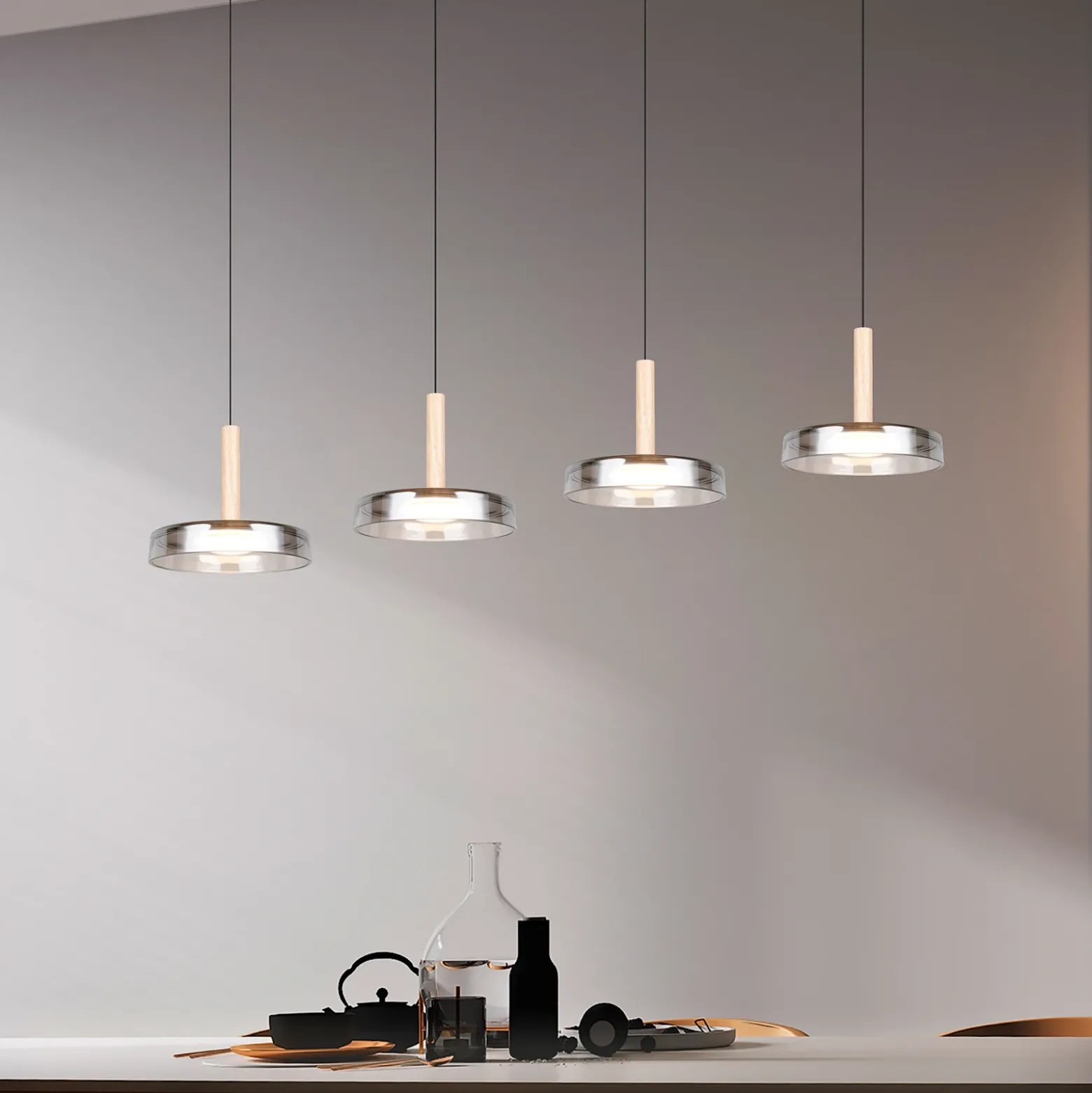Lámpara colgante LED Celeste cromo/madera 115 cm 4 luces de cristal atenuables