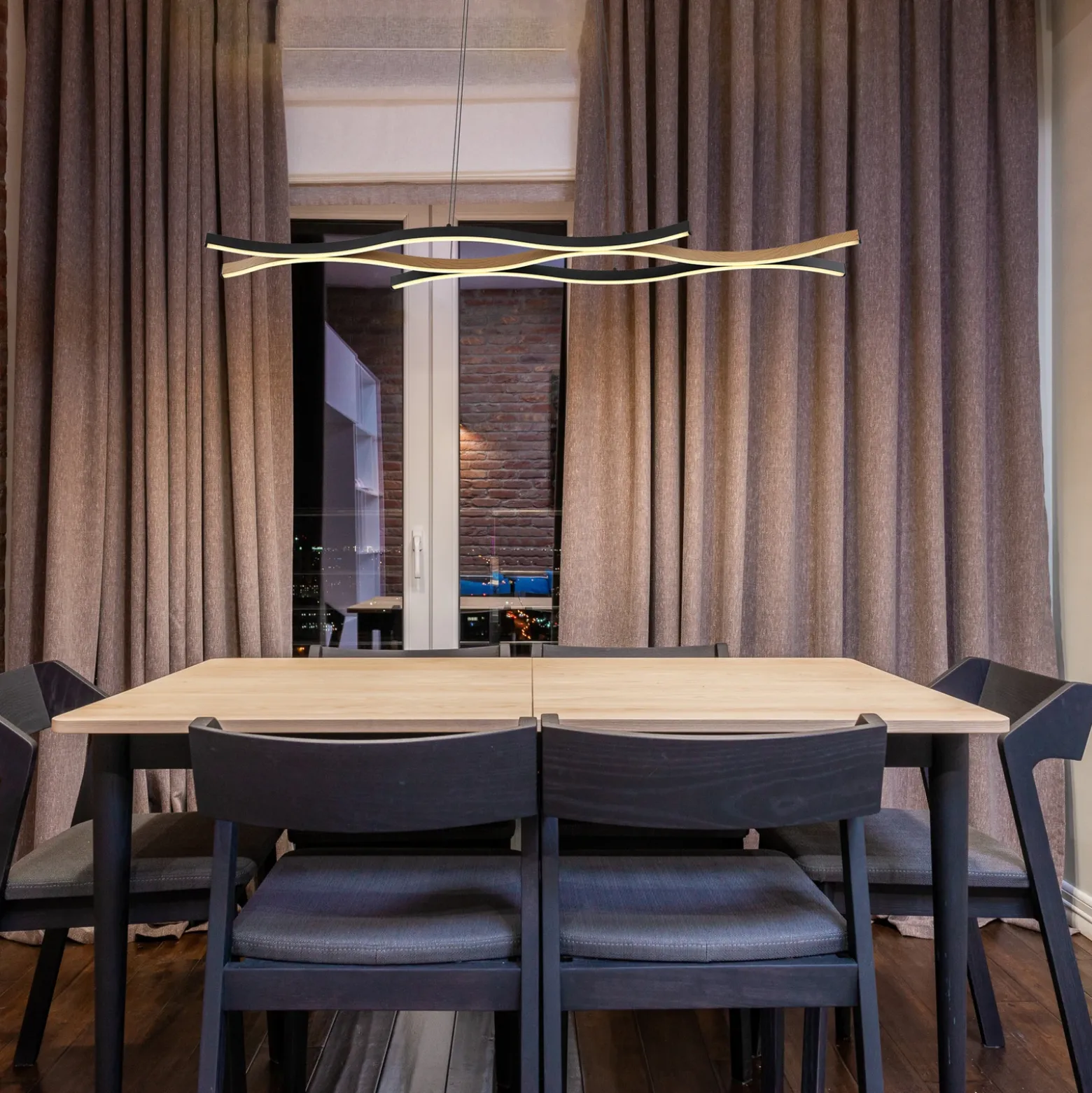 Lámpara colgante LED Geronimo, longitud 108 cm, negro/aspecto madera