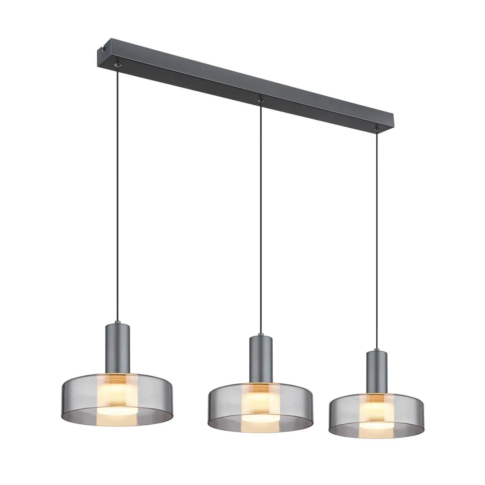 Lámpara colgante LED Grant, longitud 90 cm, gris humo, 3 luces, cristal