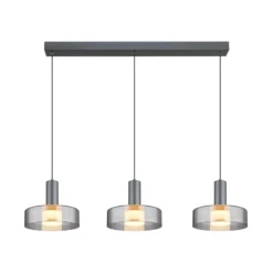 Lámpara colgante LED Grant, longitud 90 cm, gris humo, 3 luces, cristal