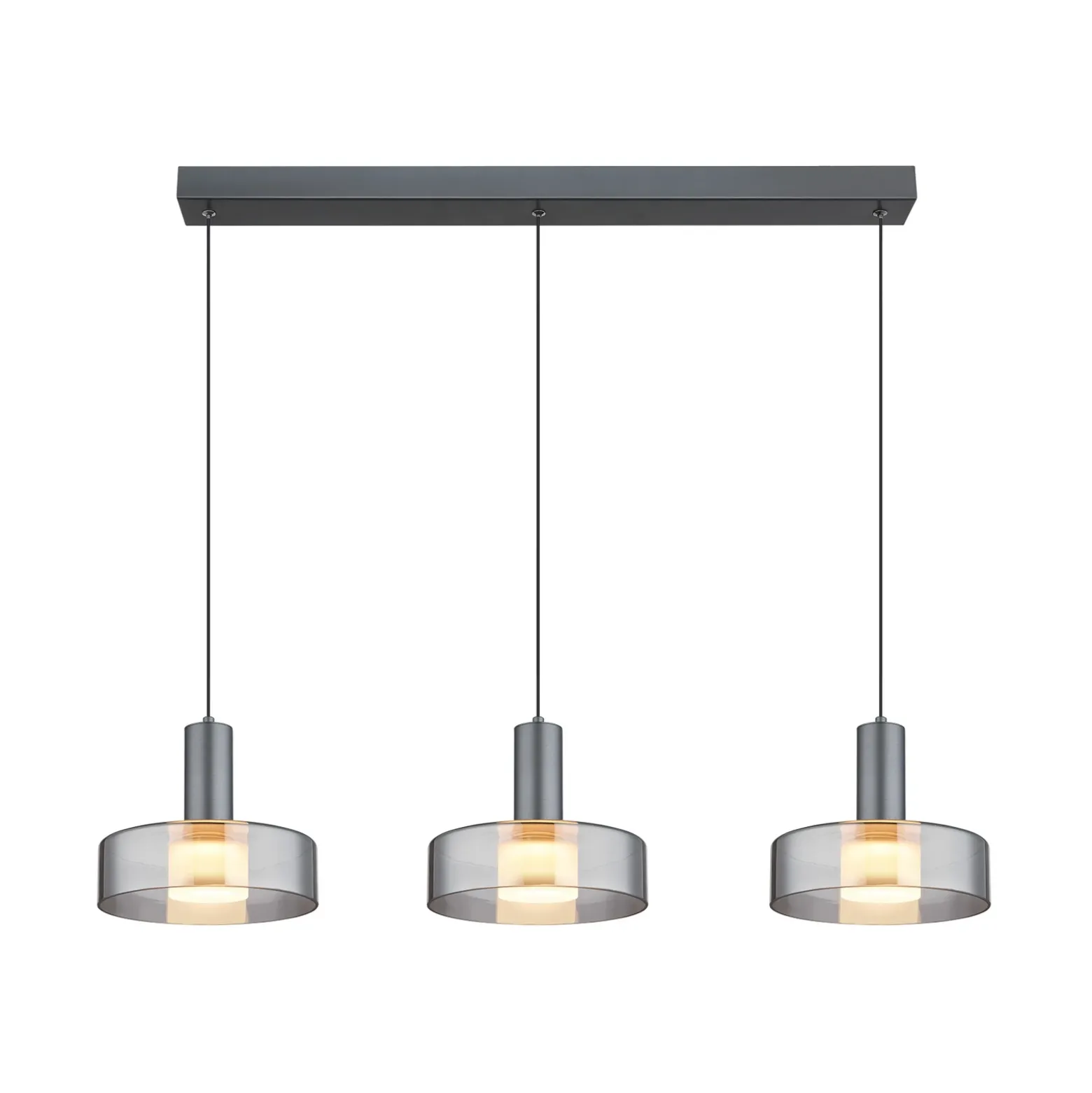 Lámpara colgante LED Grant, longitud 90 cm, gris humo, 3 luces, cristal
