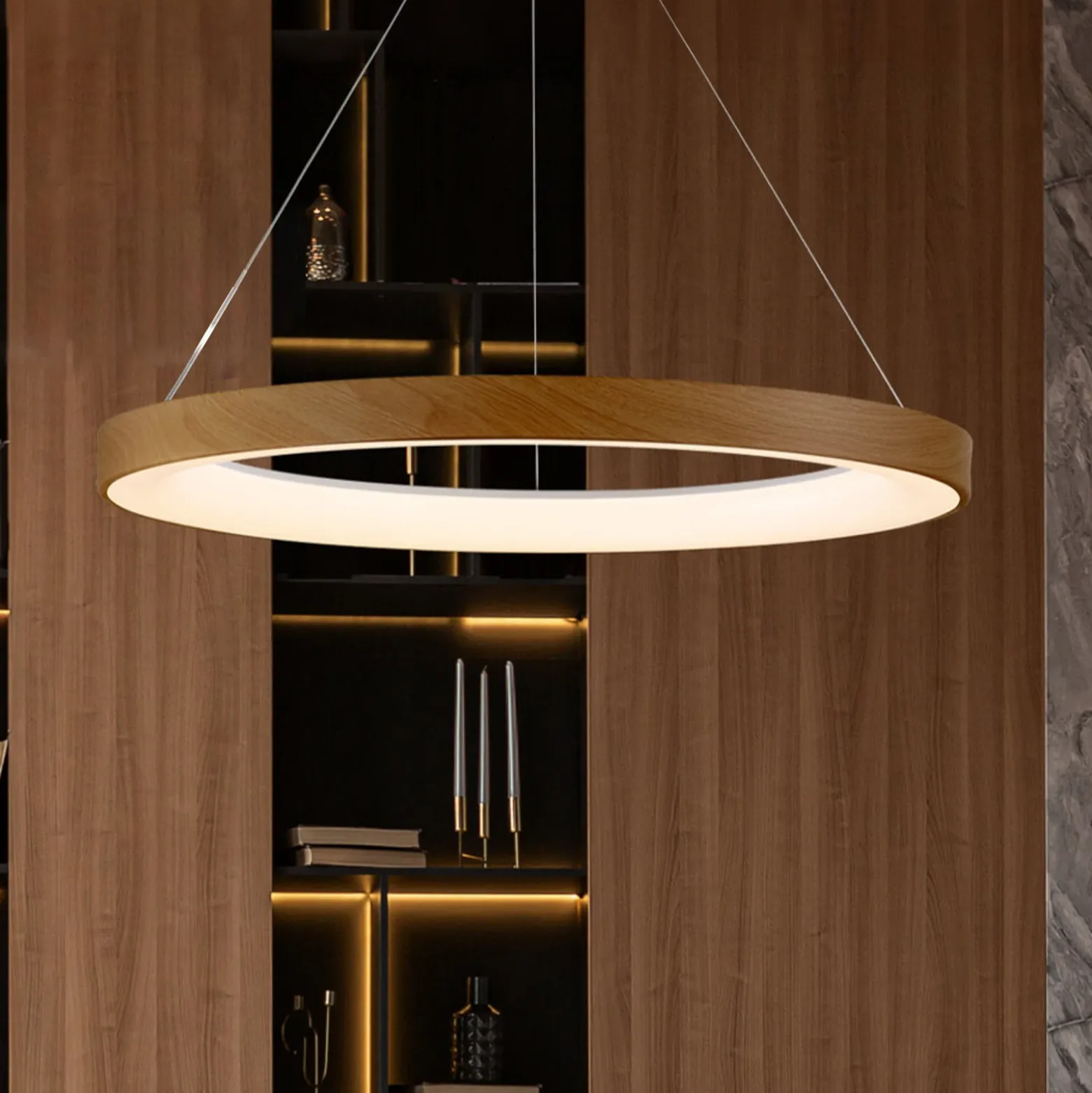 Lámpara colgante LED inteligente Niseko II, Ø 65 cm, color madera, CCT