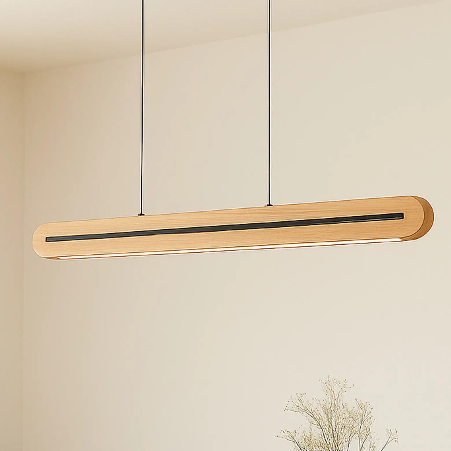 lámpara colgante LED Lucande Darnor, madera, CCT, longitud 100 cm