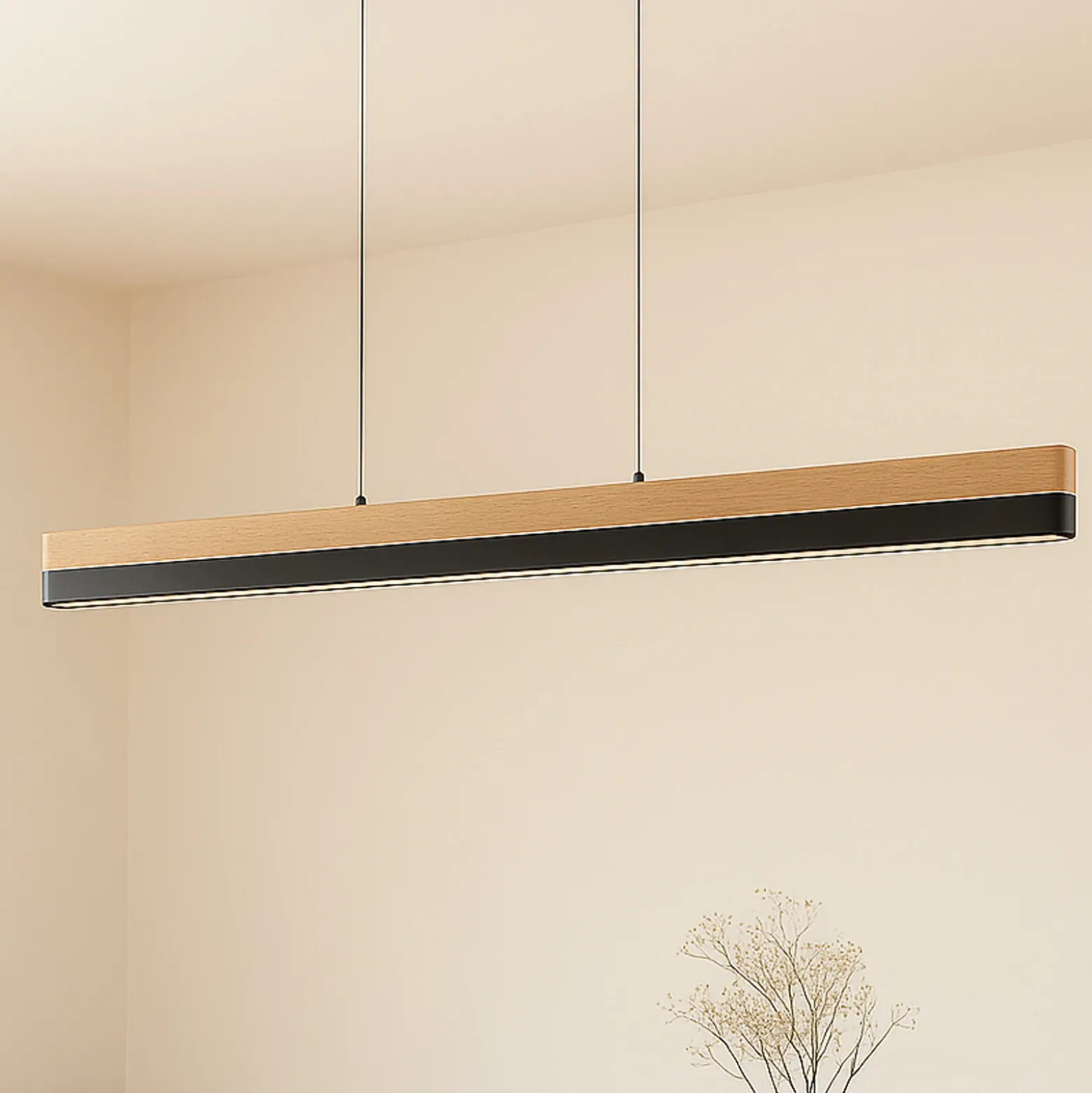 Lámpara colgante LED Lucande Holven, madera, CCT, longitud 113 cm