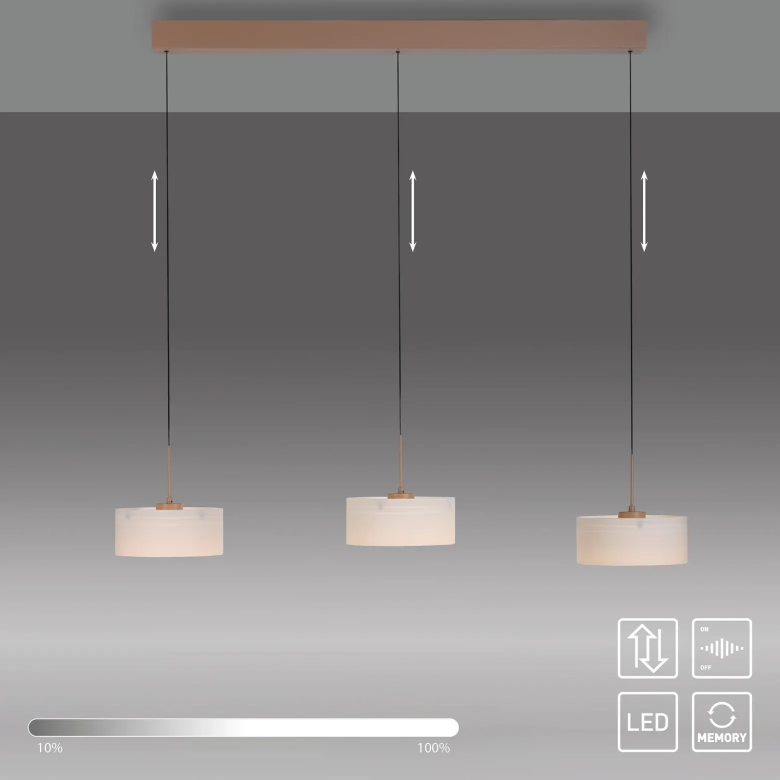 Lámpara colgante LED MARIKA, beige/blanco, 105 cm, 3 luces, cristal, atenuable