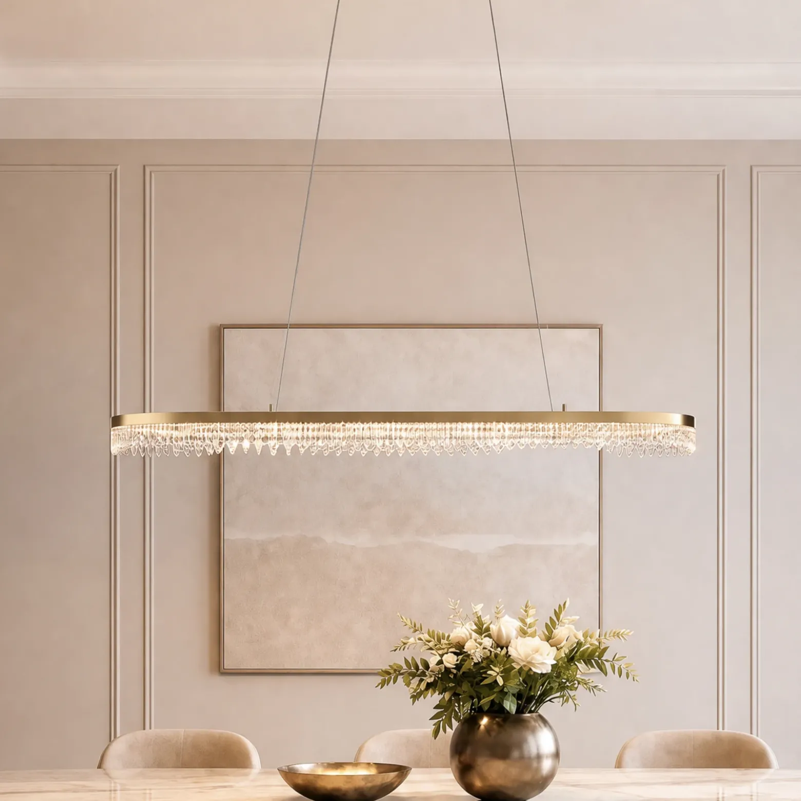 Lámpara colgante LED Preciosa, dorada, metal, longitud 120 cm