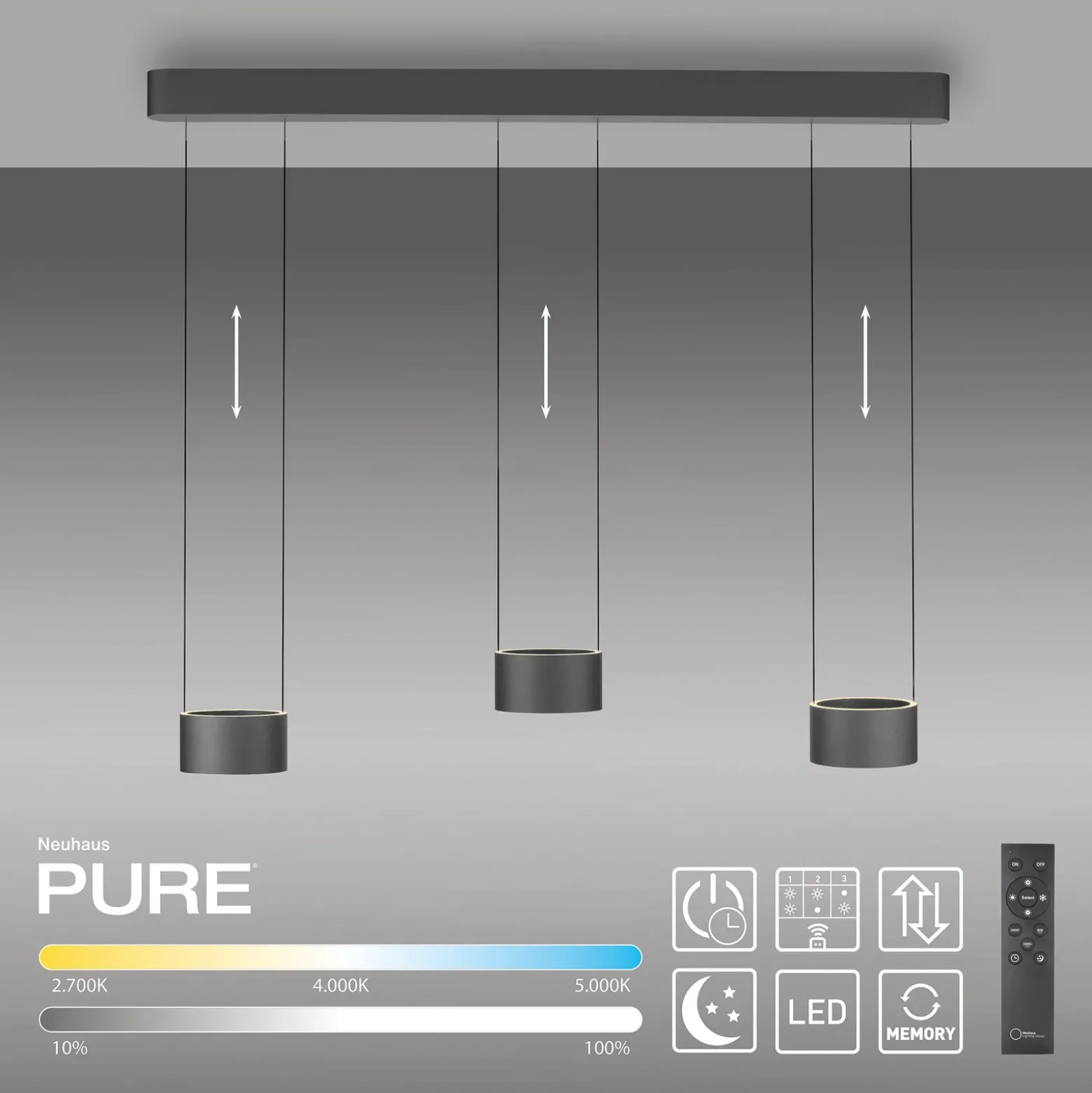 Lámpara colgante LED PURE Clipse, gris, longitud 110 cm, CCT, 6 luces.