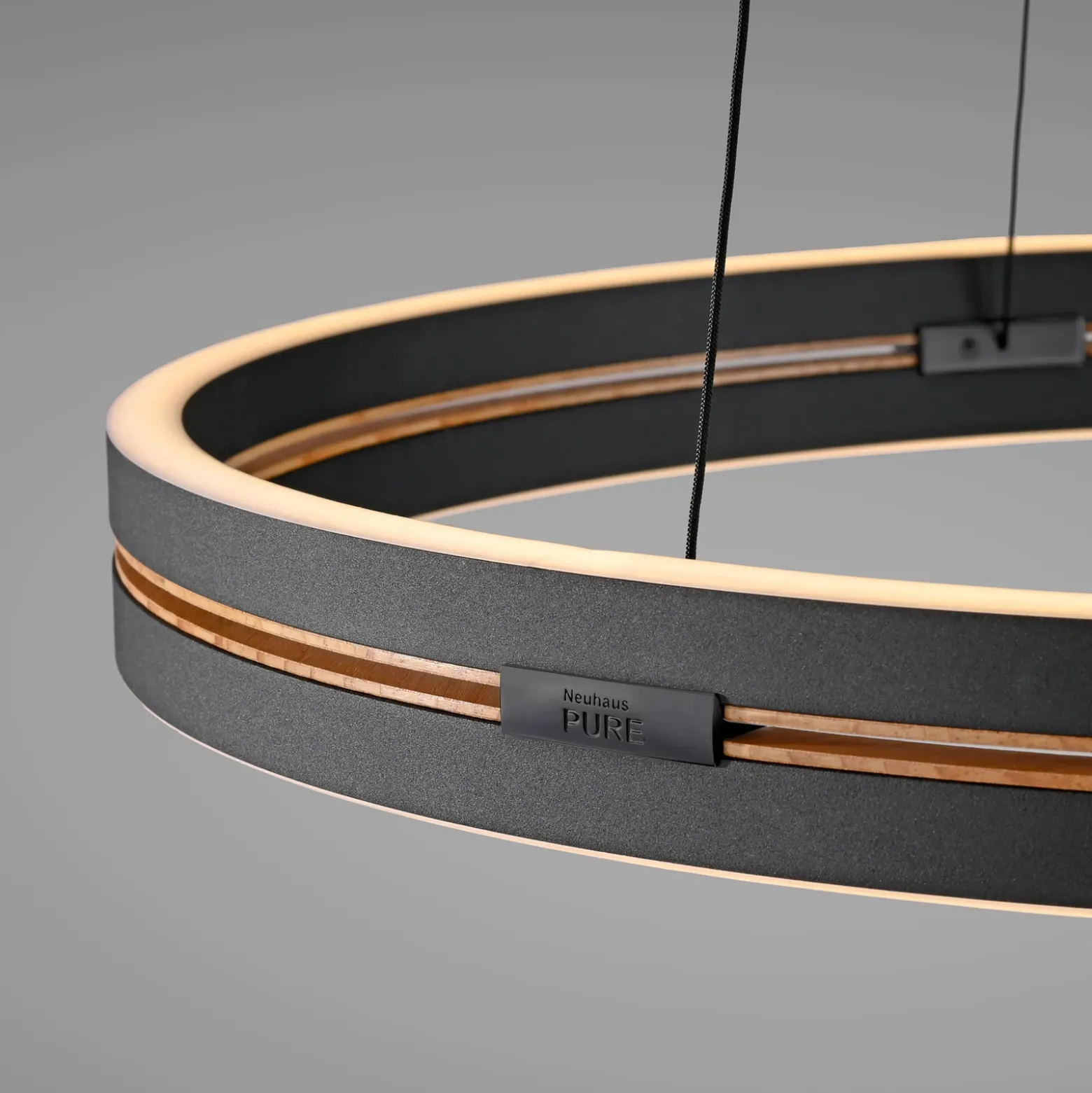Lámpara colgante LED PURE E-Loop, roble/perla negra, Ø 70 cm aluminio, CCT