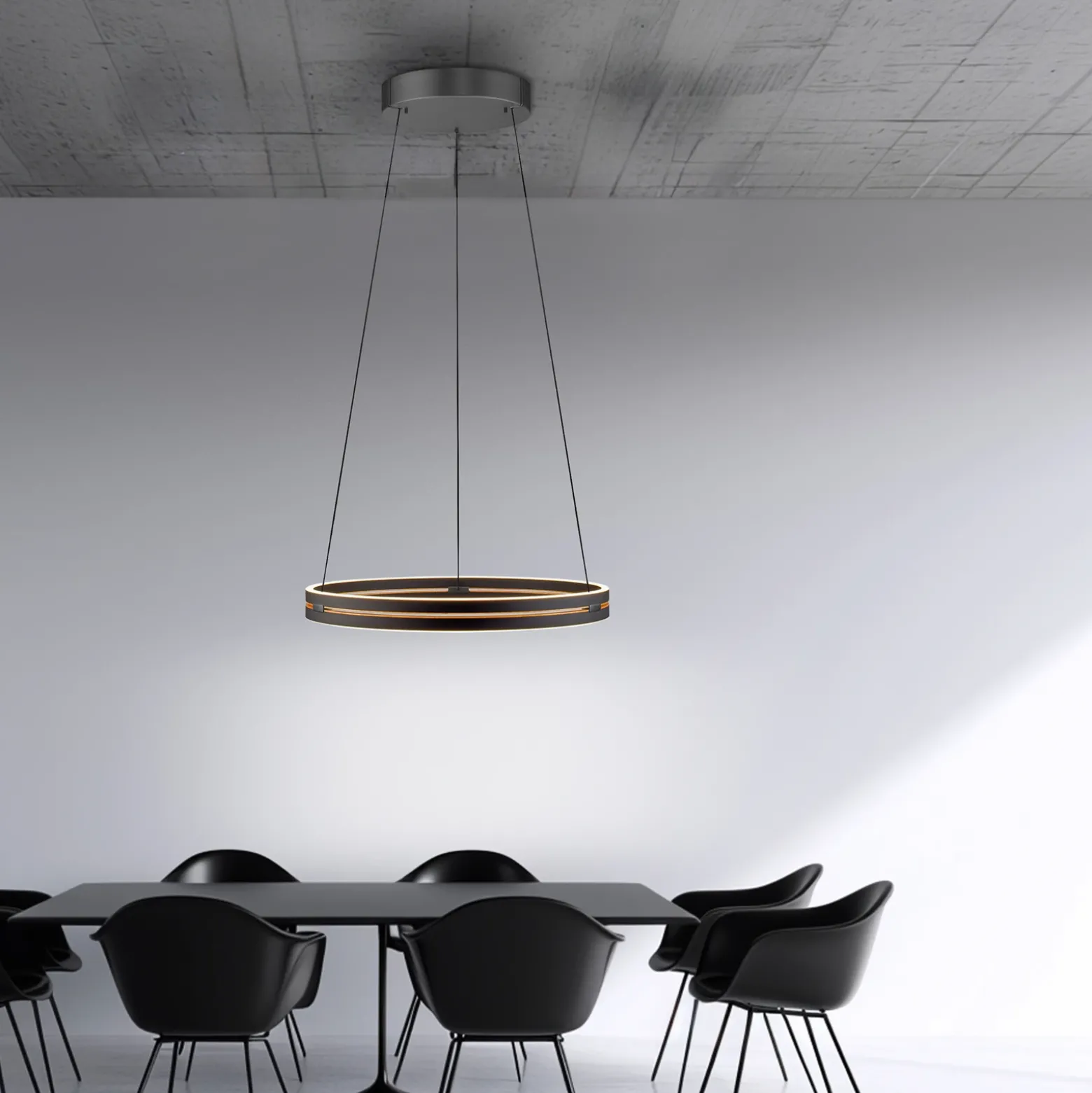 Lámpara colgante LED PURE E-Loop, roble/perla negra, Ø 70 cm aluminio, CCT