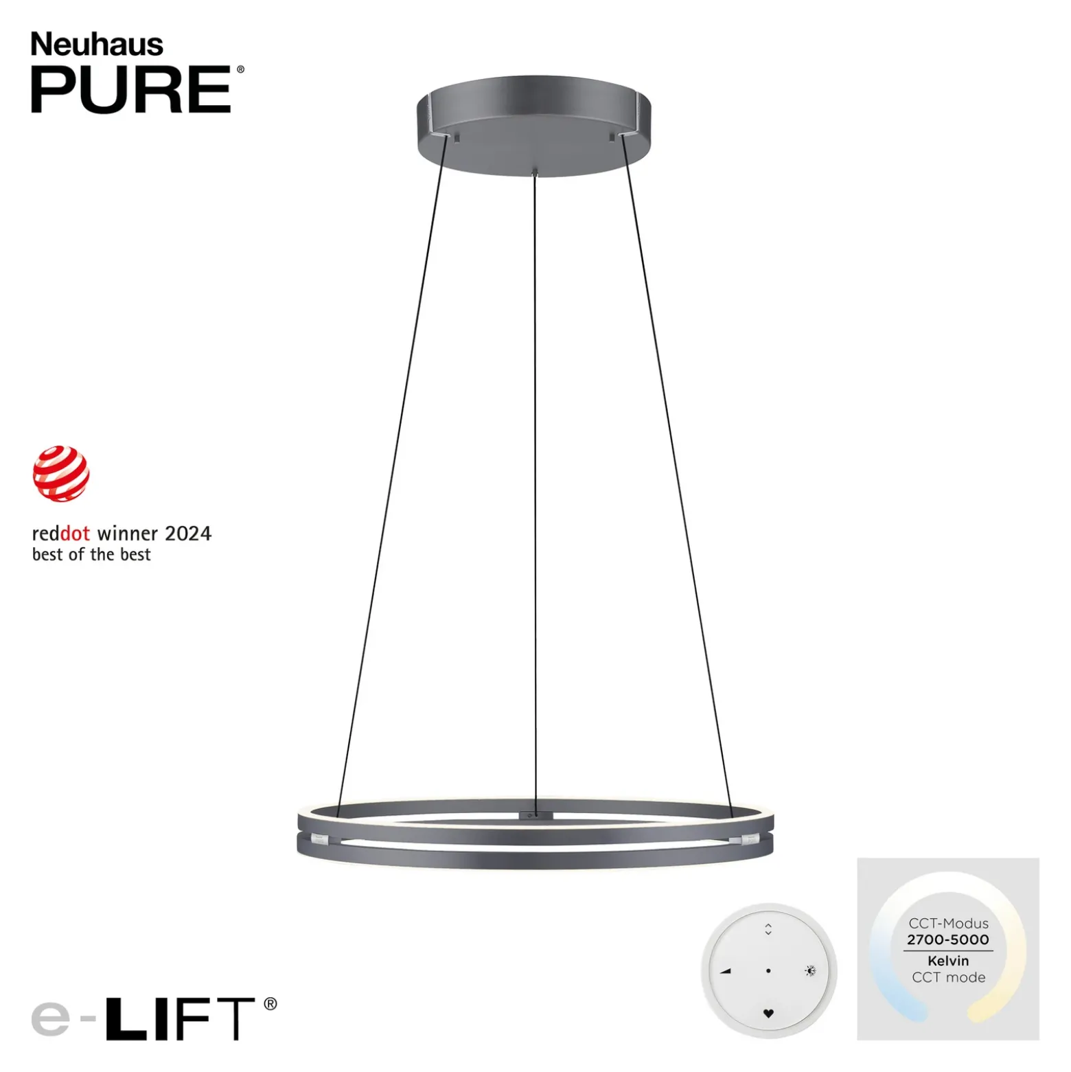 Lámpara colgante LED PURE E-Loop, roble/perla negra, Ø 70 cm aluminio, CCT