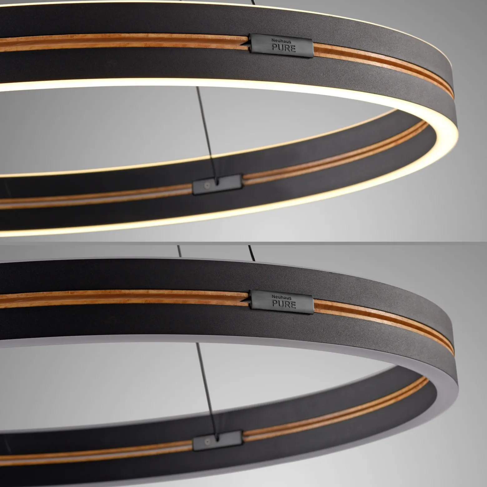 Lámpara colgante LED PURE E-Loop, roble/perla negra, Ø 70 cm aluminio, CCT