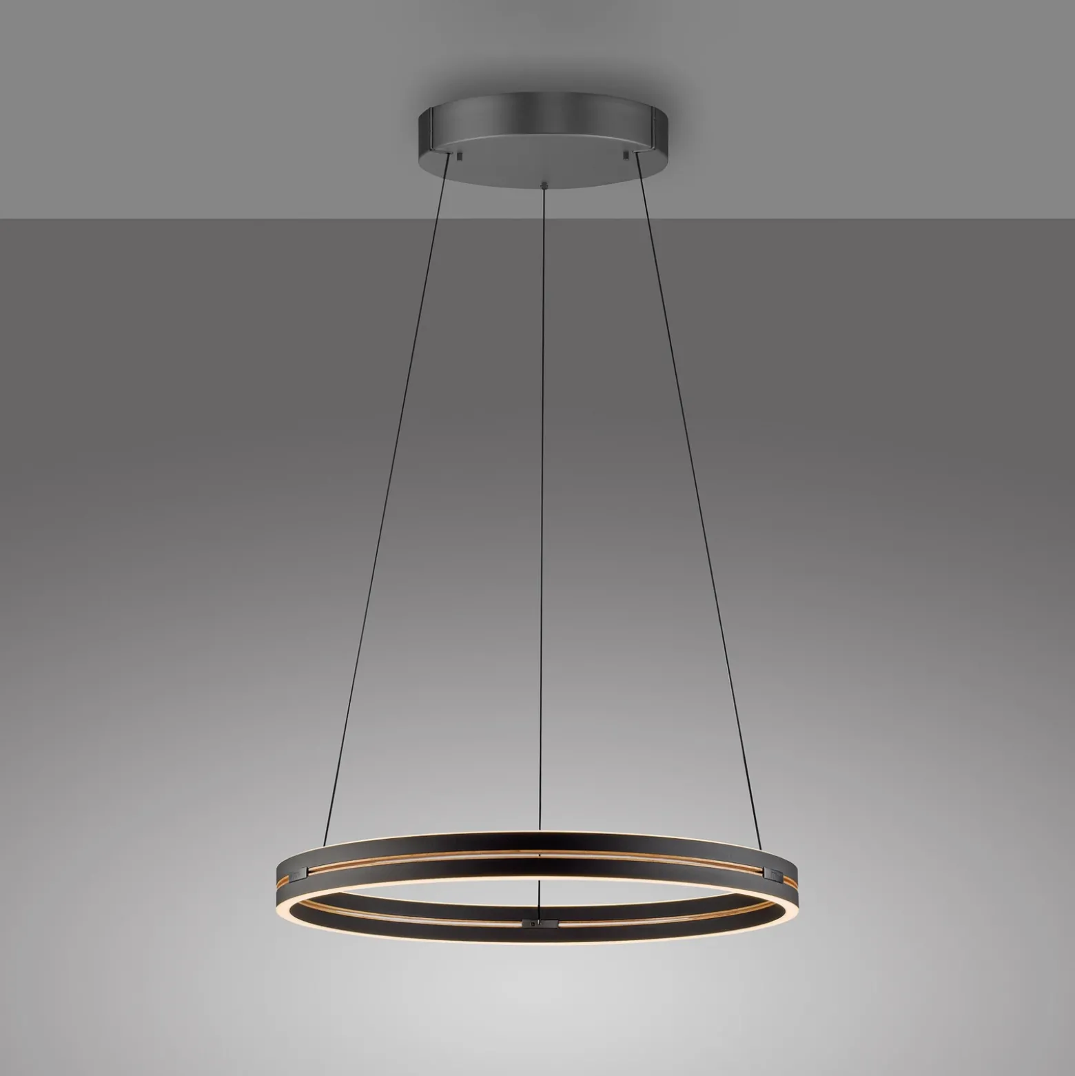 Lámpara colgante LED PURE E-Loop, roble/perla negra, Ø 70 cm aluminio, CCT