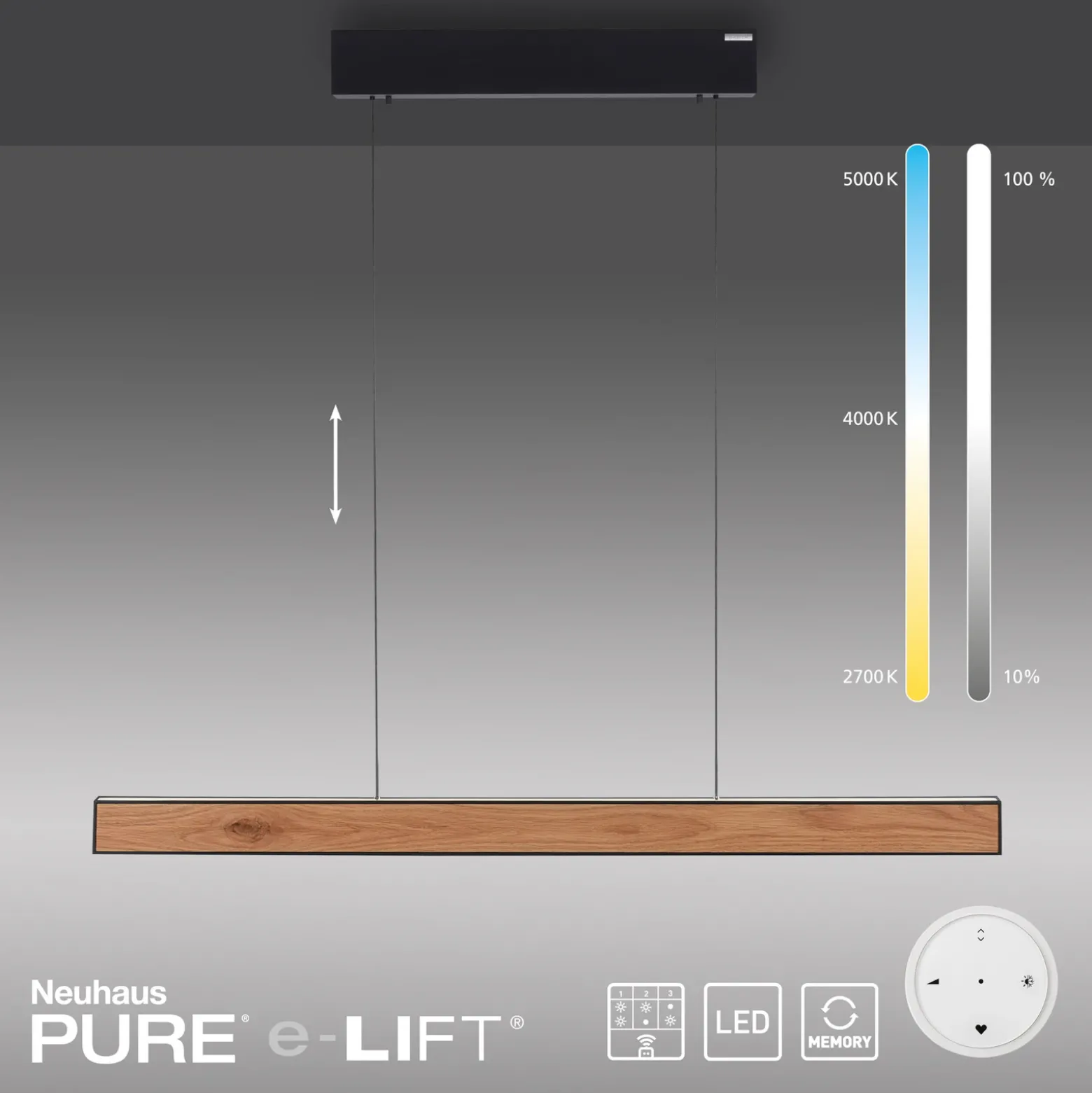 lámpara colgante LED PURE E-Motion, roble/perla negra, CCT