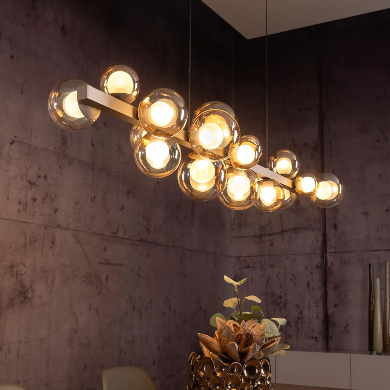 lámpara colgante LED PURE E-Popup, bronce, cristal, CCT, 18 lámparas.