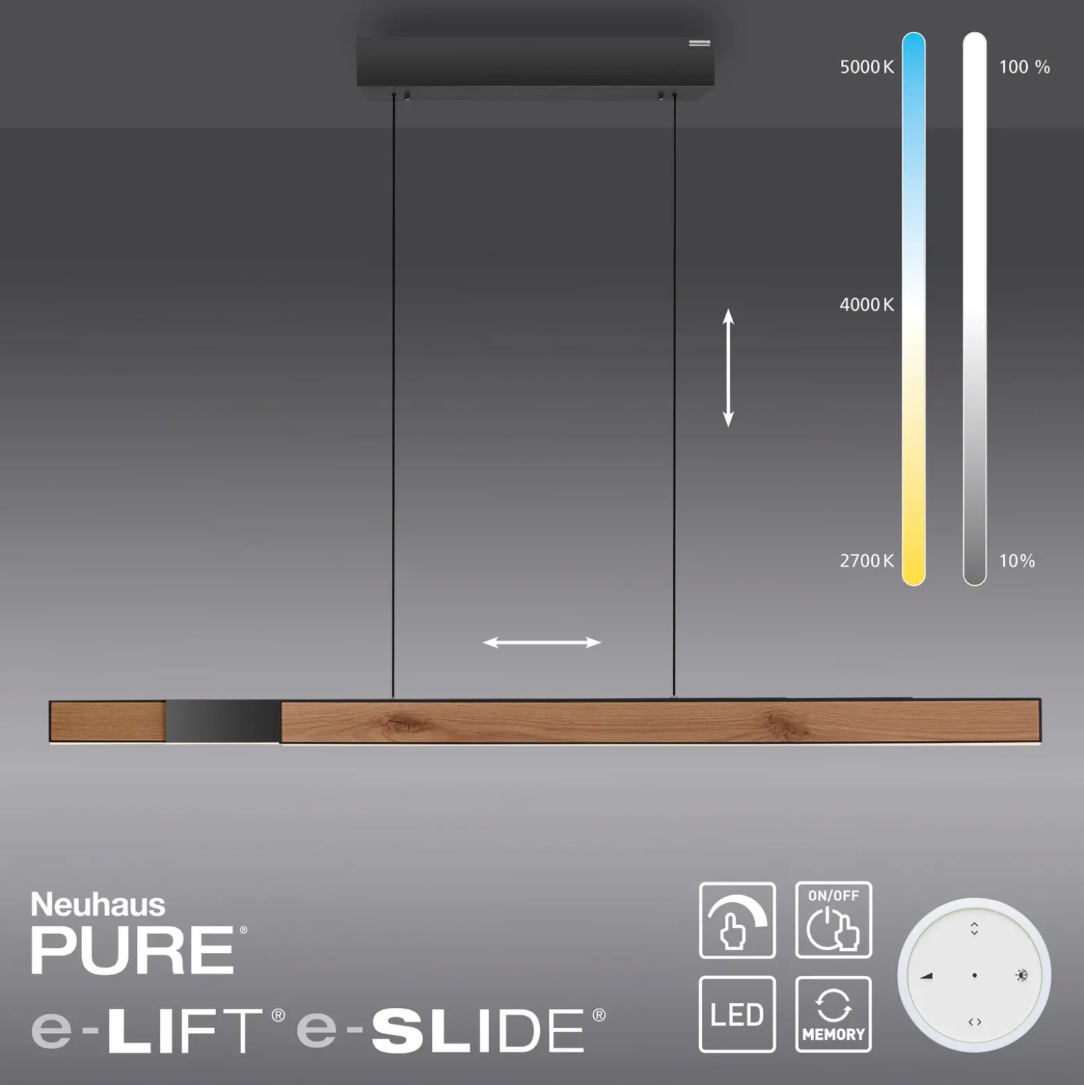Lámpara colgante LED PURE Moto-Rise, roble/perla negra, aluminio, CCT