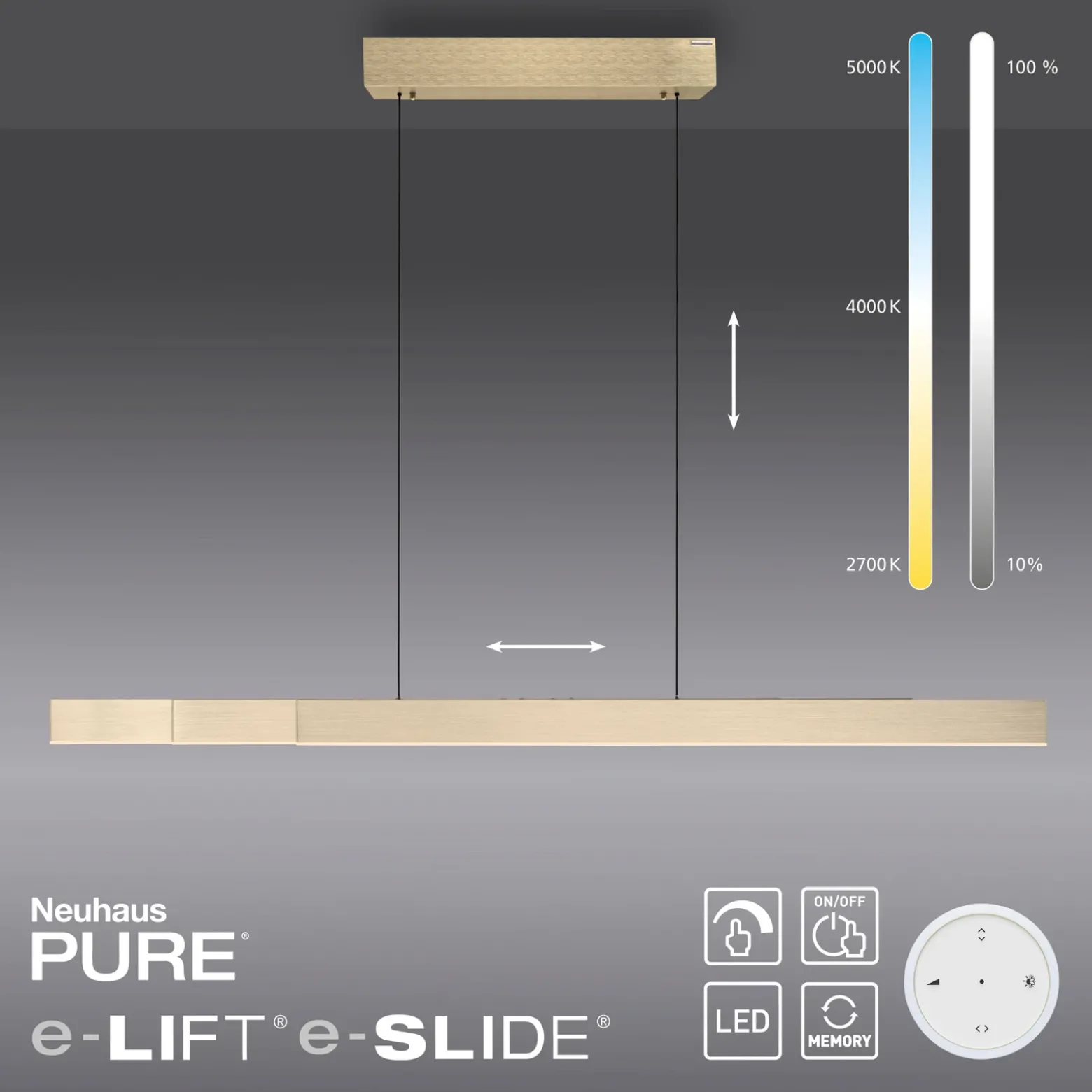 lámpara colgante LED PURE Moto-Rise, oro imperial, aluminio, CCT