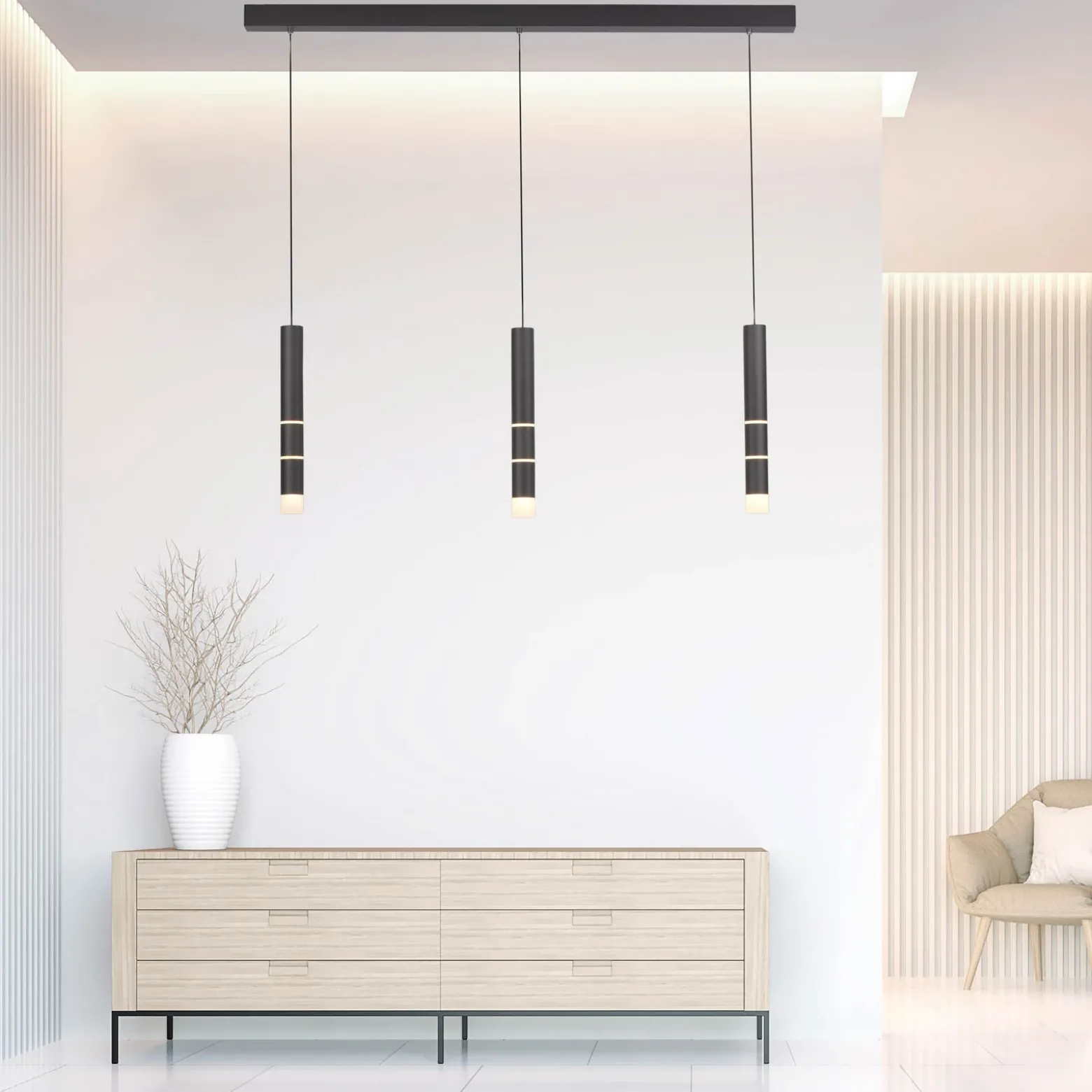 Lámpara colgante LED PURE Vega, tres cilindros, negra