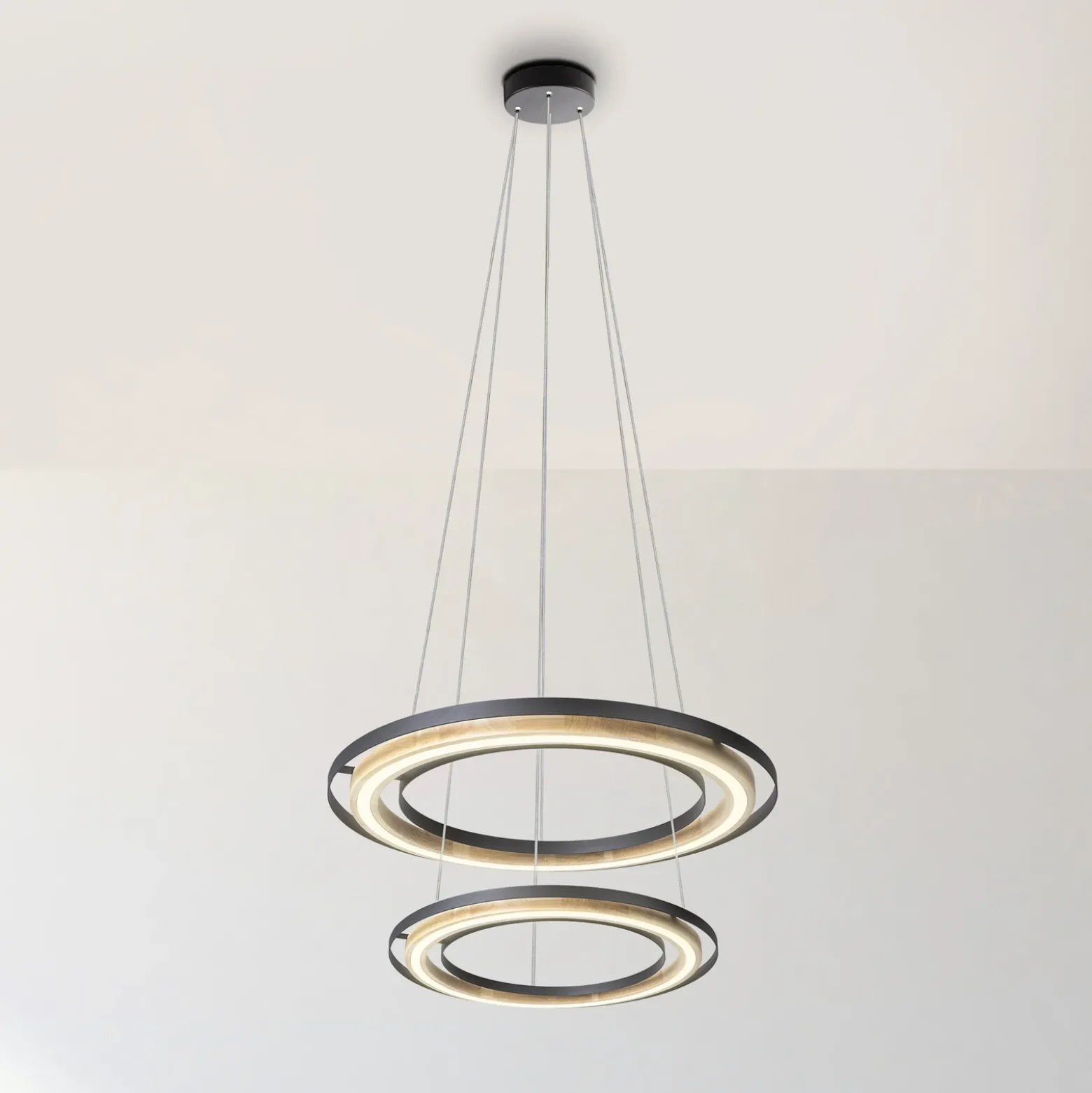 Lámpara colgante LED Rilas, negro/madera, Ø 57 cm, atenuable