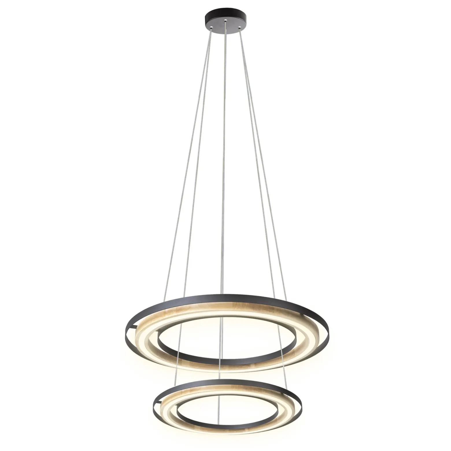 Lámpara colgante LED Rilas, negro/madera, Ø 57 cm, atenuable