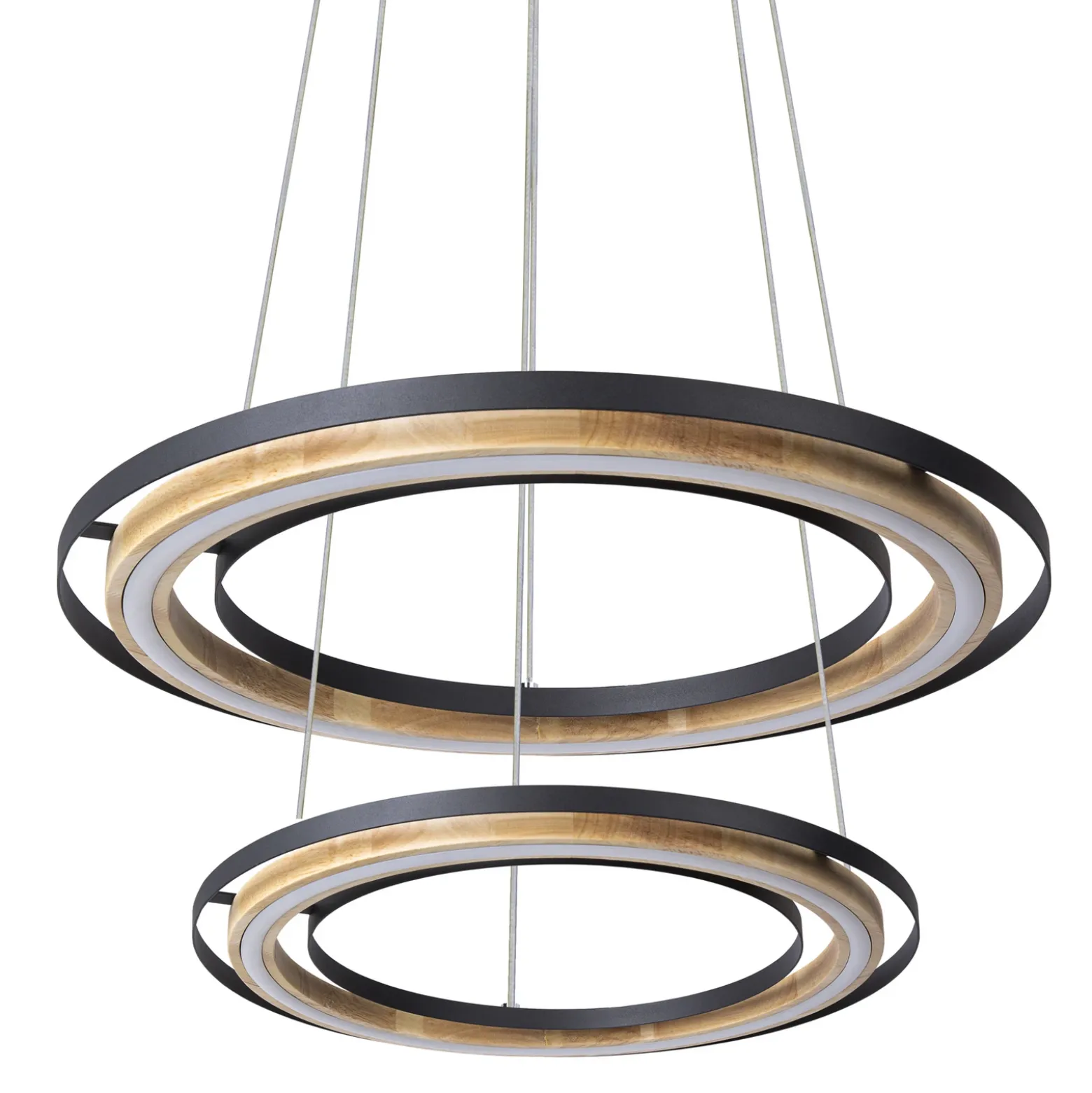 Lámpara colgante LED Rilas, negro/madera, Ø 57 cm, atenuable