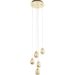 Lámpara colgante LED Rocio, 5 luces, redonda, metal, cristal, dorado
