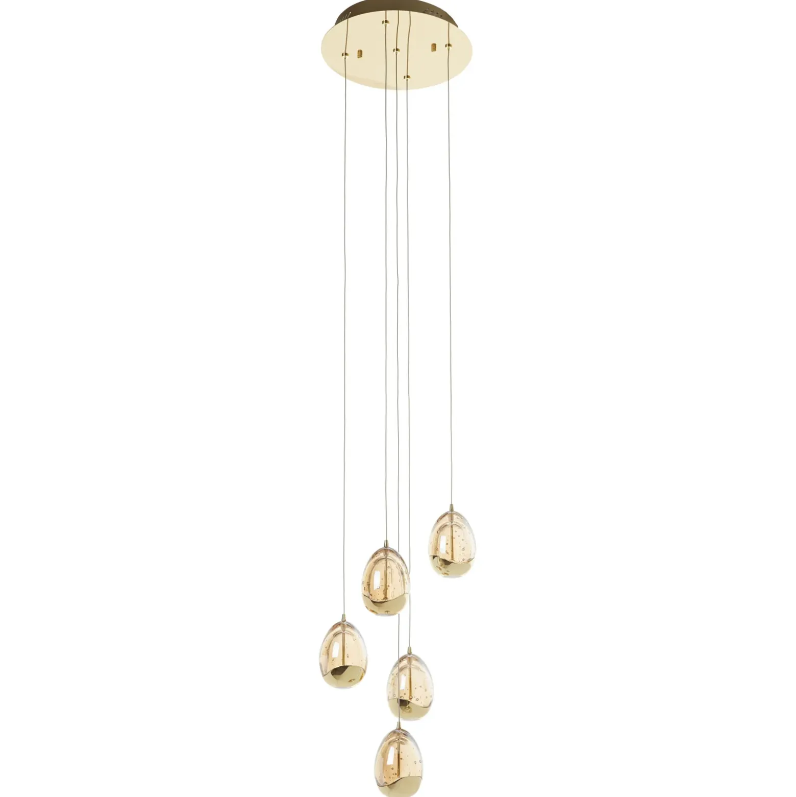 Lámpara colgante LED Rocio, 5 luces, redonda, metal, cristal, dorado