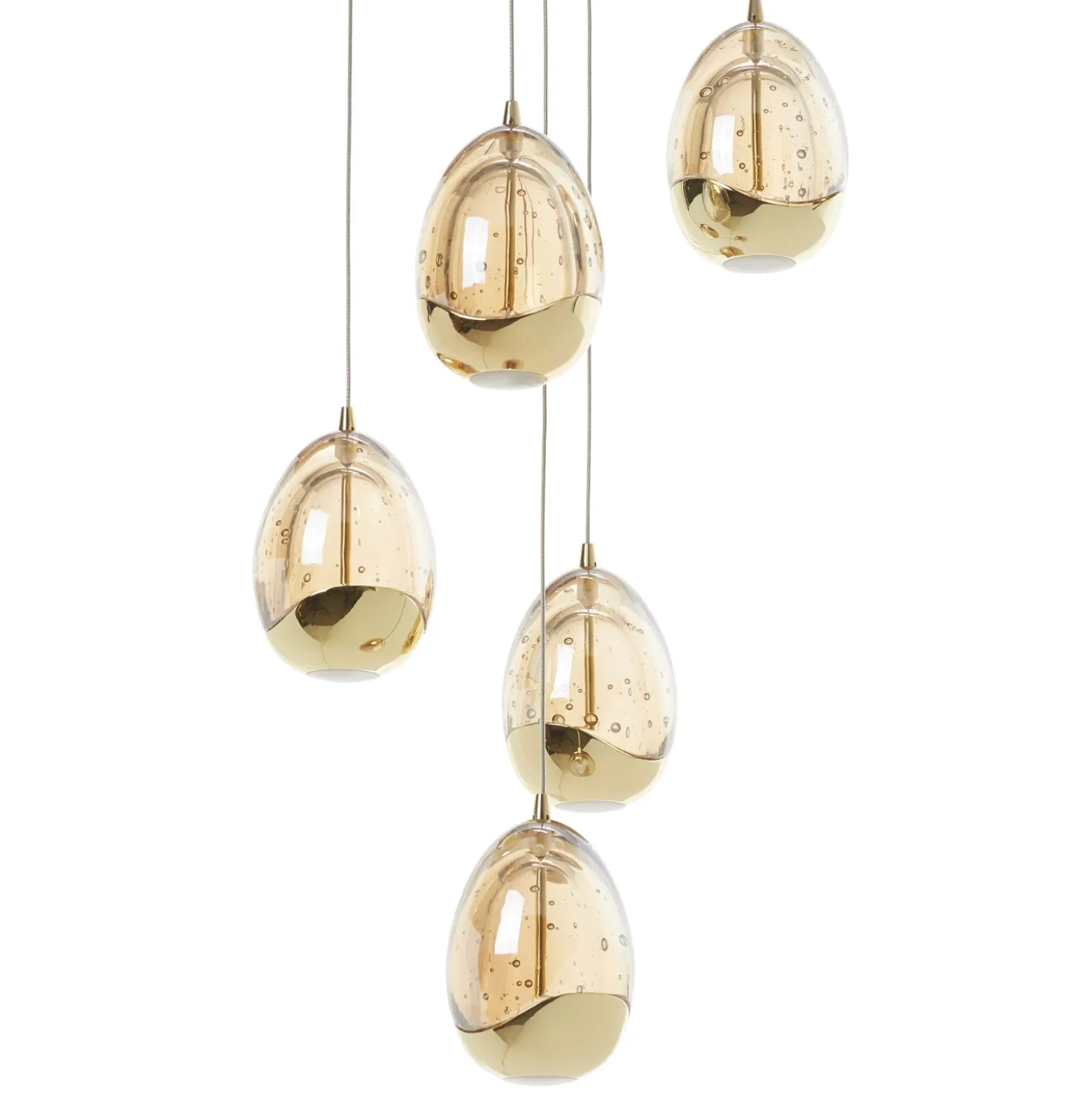 Lámpara colgante LED Rocio, 5 luces, redonda, metal, cristal, dorado