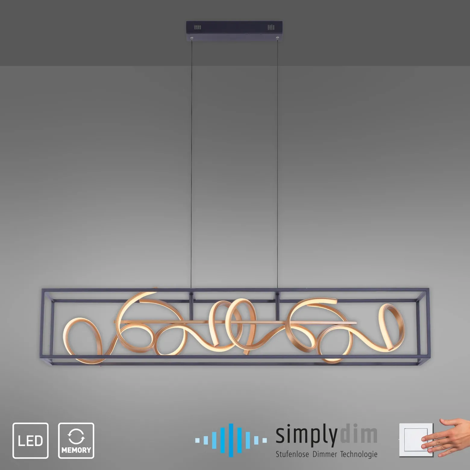 Lámpara colgante LED SELINA, negro/dorado, longitud 110 cm, Switchdim