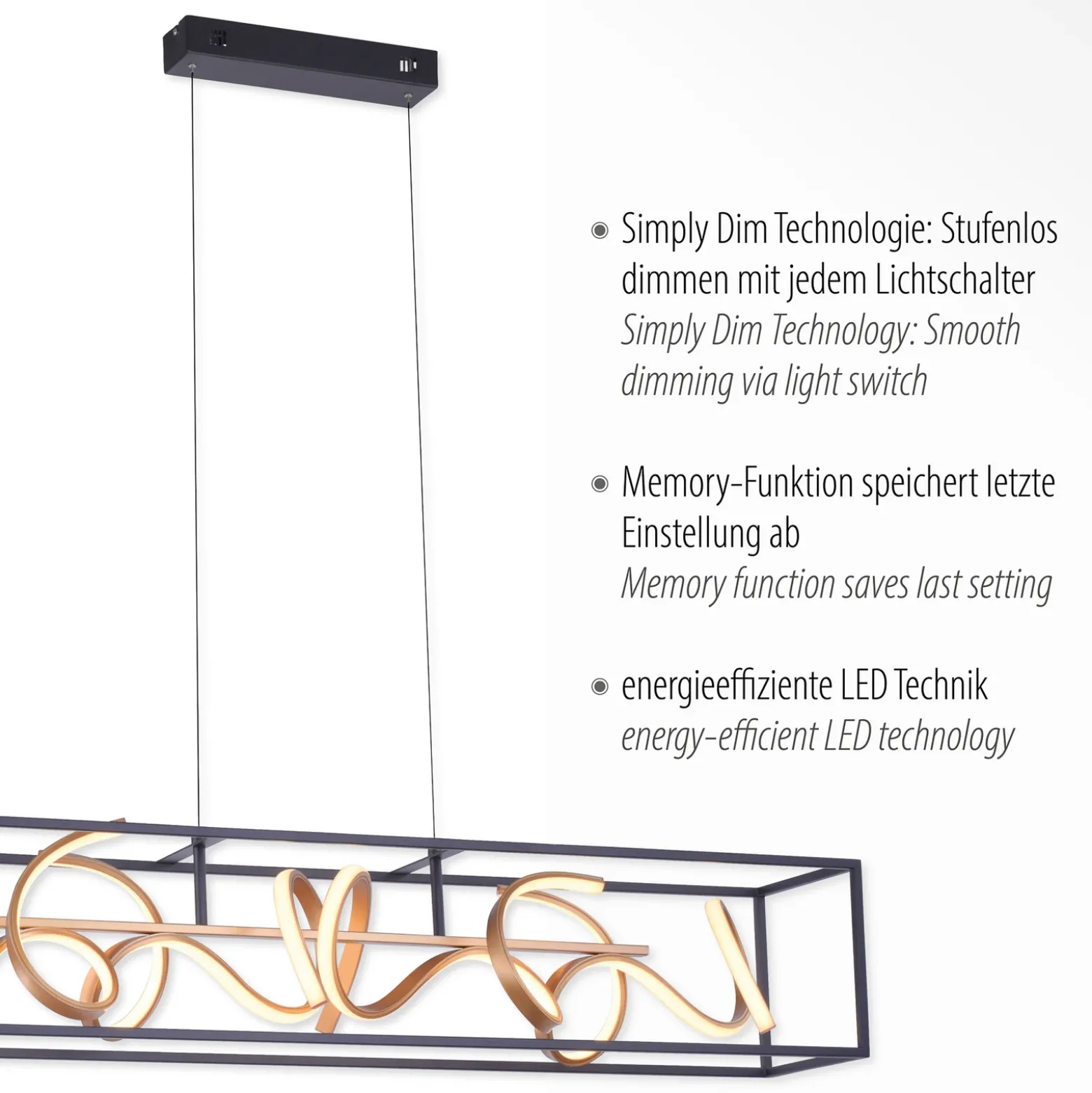 Lámpara colgante LED SELINA, negro/dorado, longitud 110 cm, Switchdim