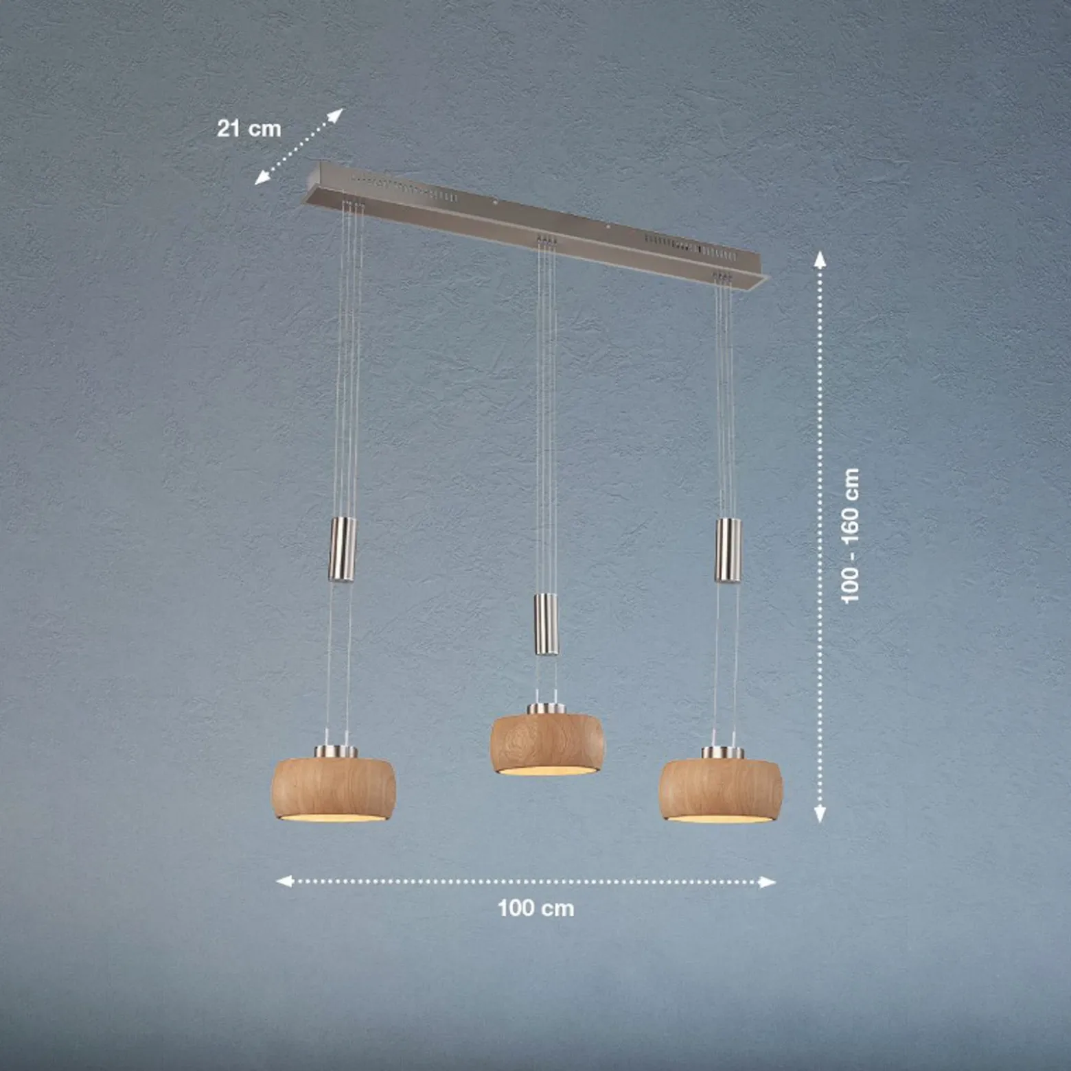 Lámpara colgante LED Shine-Wood, roble/níquel, longitud 100 cm 3 luces.