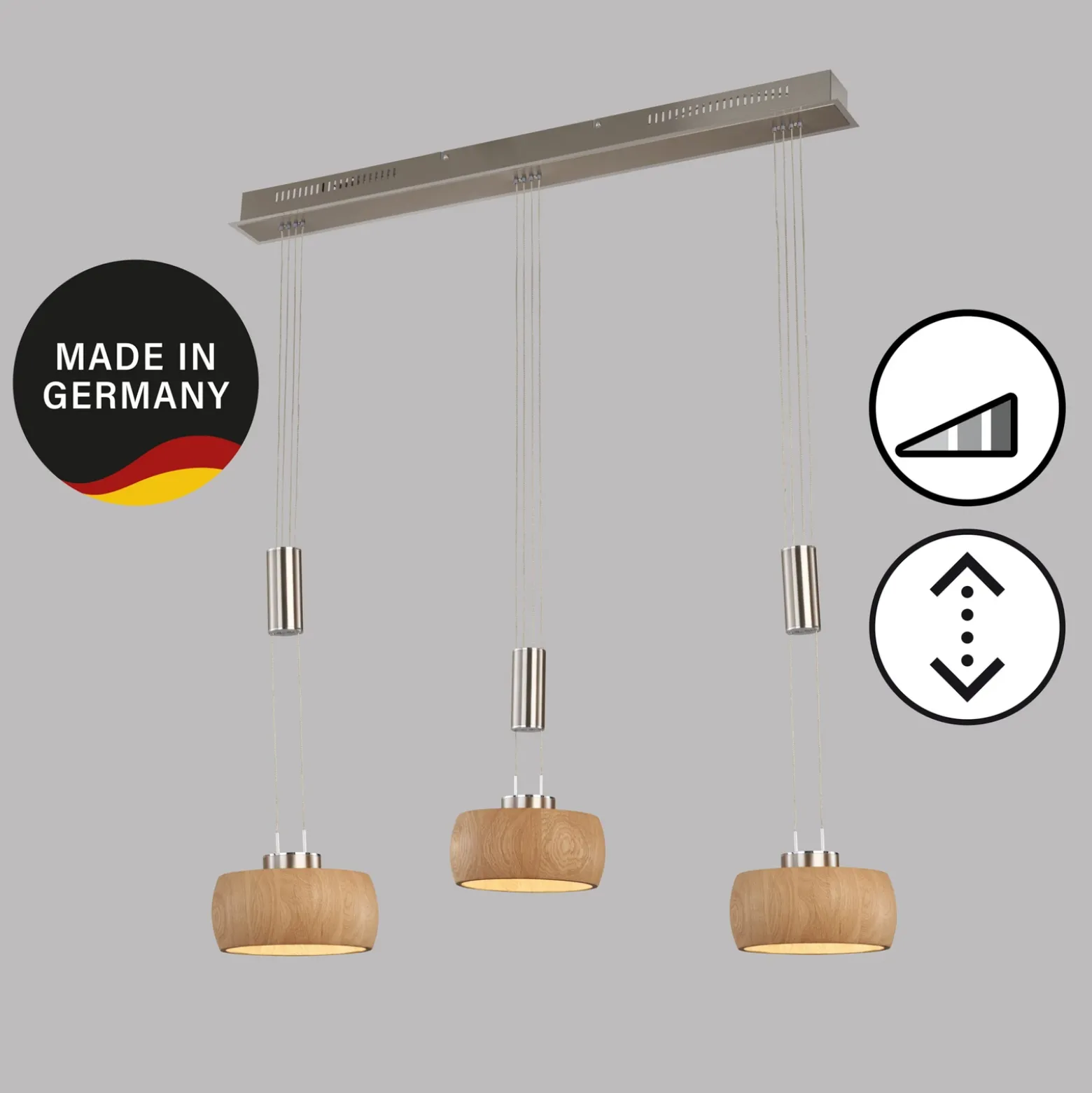 Lámpara colgante LED Shine-Wood, roble/níquel, longitud 100 cm 3 luces.
