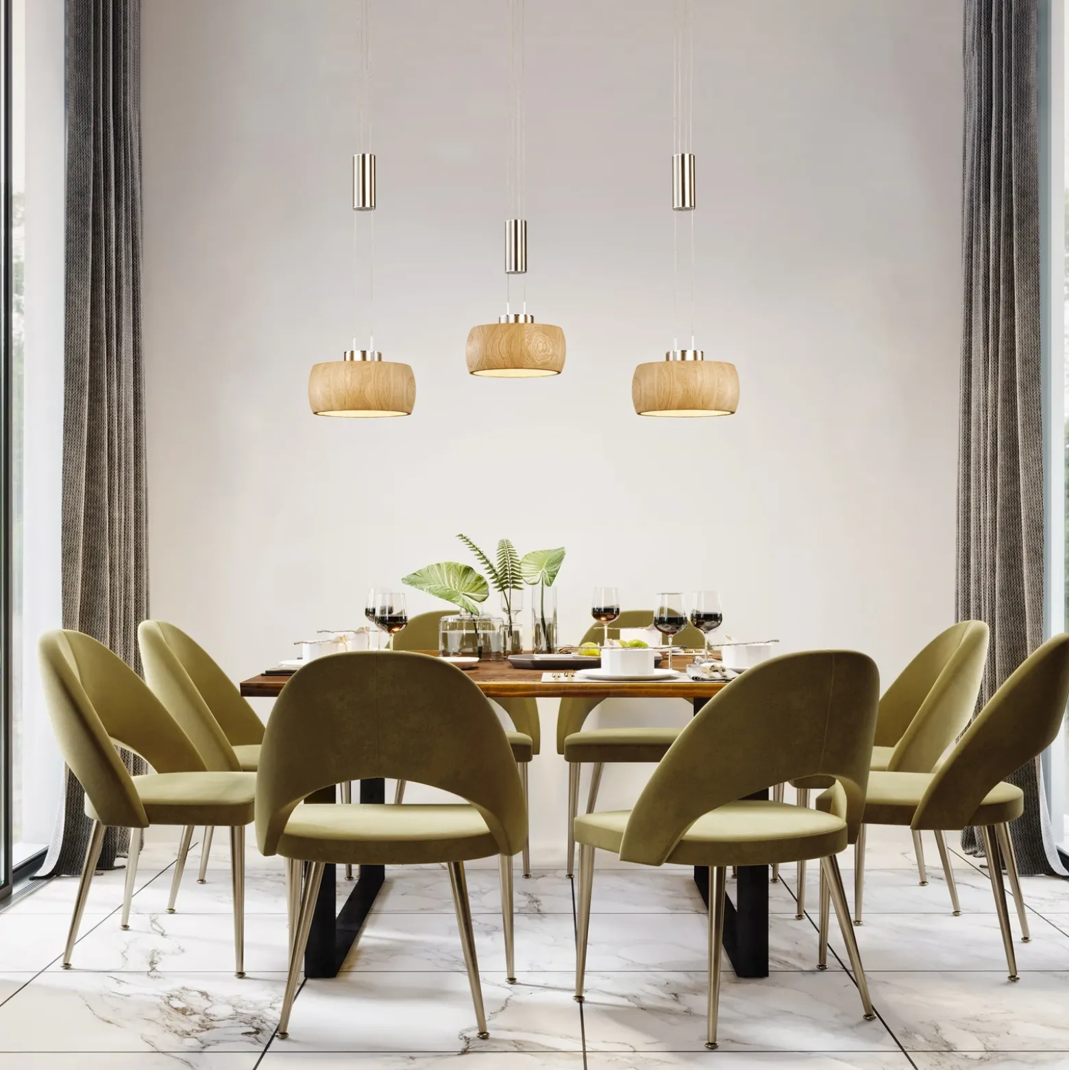 Lámpara colgante LED Shine-Wood, roble/níquel, longitud 100 cm 3 luces.