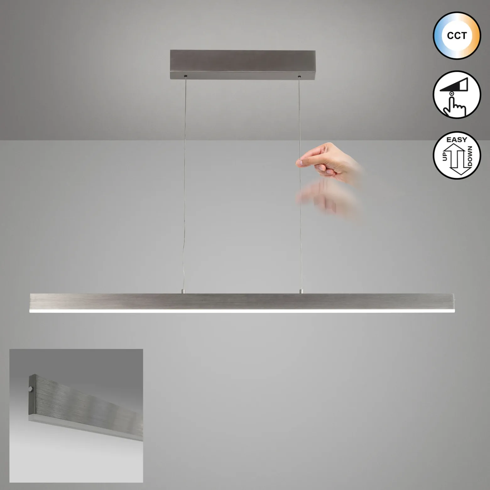 Lámpara colgante LED Silvano, níquel, longitud 115 cm, CCT, regulador táctil