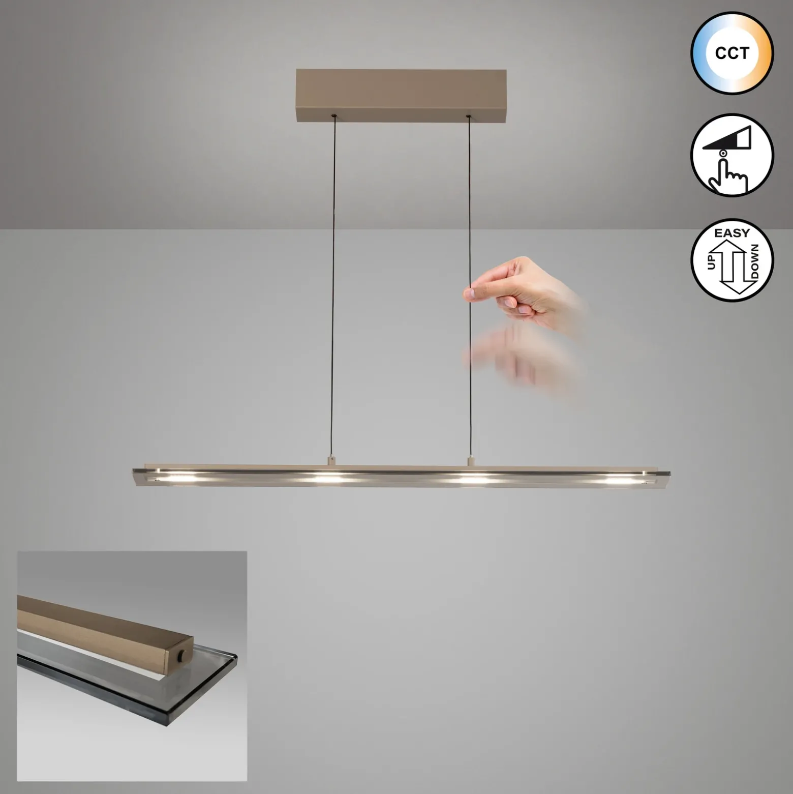 Lámpara colgante LED Torvi, gris claro/gris humo, 88 cm, metal/vidrio