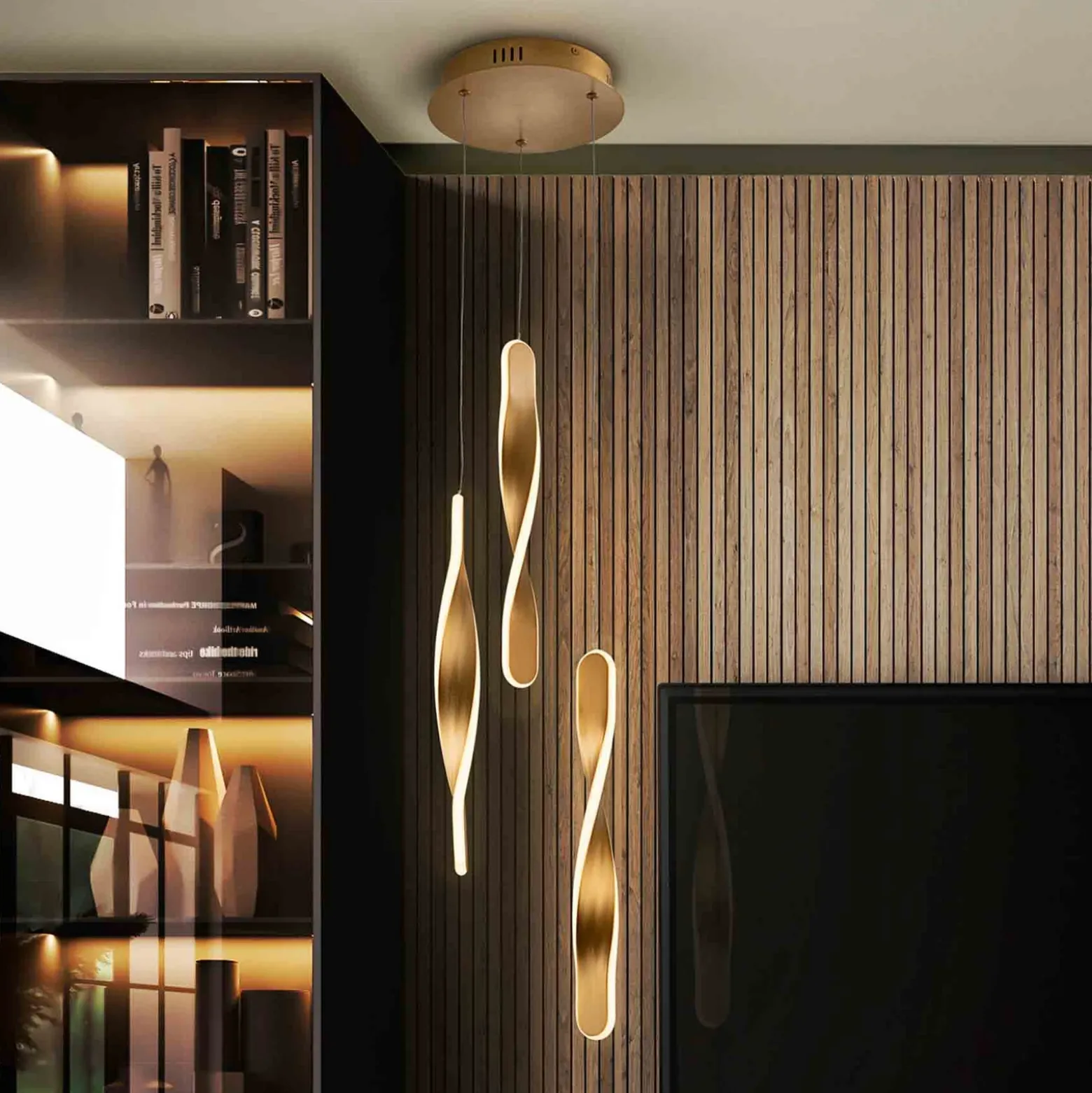 Lámpara colgante LED Twist, 3 luces Aluminio, metal, acrílico, color dorado