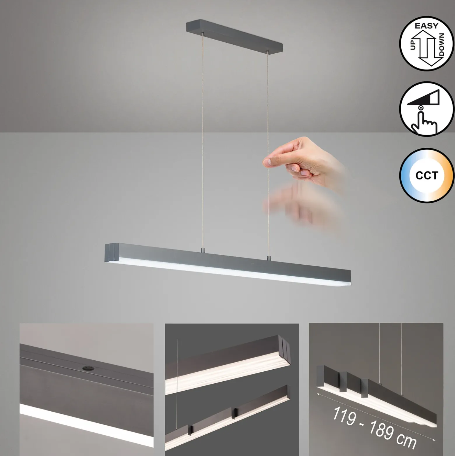 Lámpara colgante LED Vayana, gris, longitud 189 cm, regulador táctil CCT
