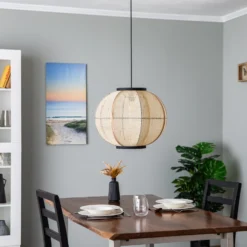 Lámpara colgante Lindby Aurinil, color madera, lino, Ø 48cm, E27