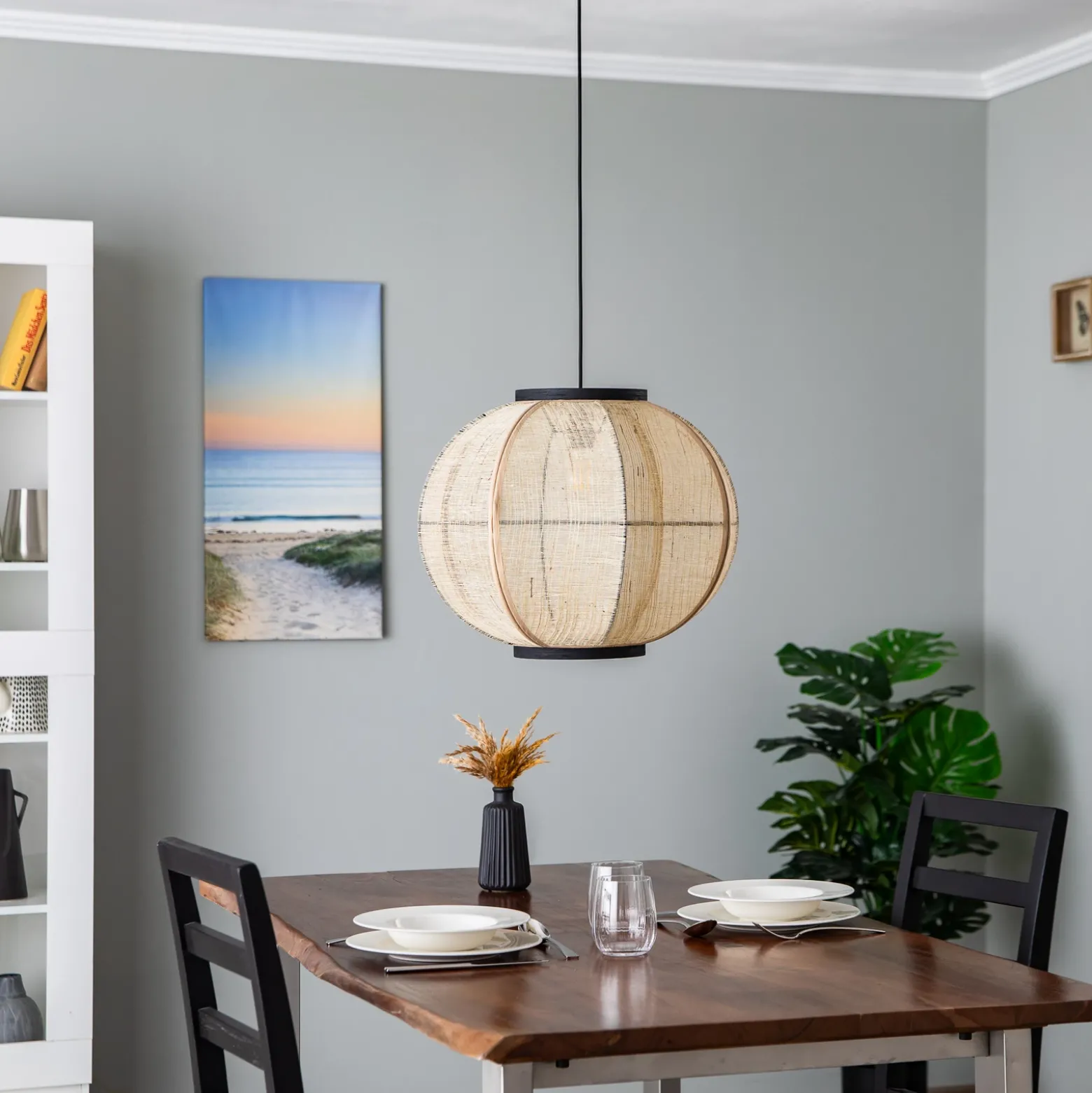 Lámpara colgante Lindby Aurinil, color madera, lino, Ø 48cm, E27