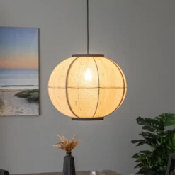 Lámpara colgante Lindby Aurinil, color madera, lino, Ø 48cm, E27