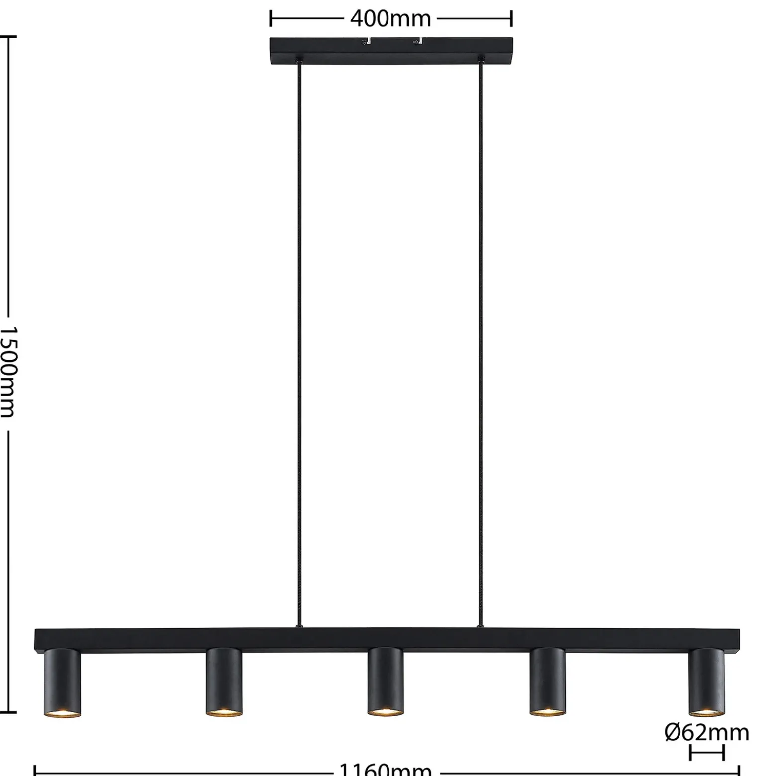 Lámpara colgante Lindby Baliko, negra, 116 cm, 5 luces, GU10