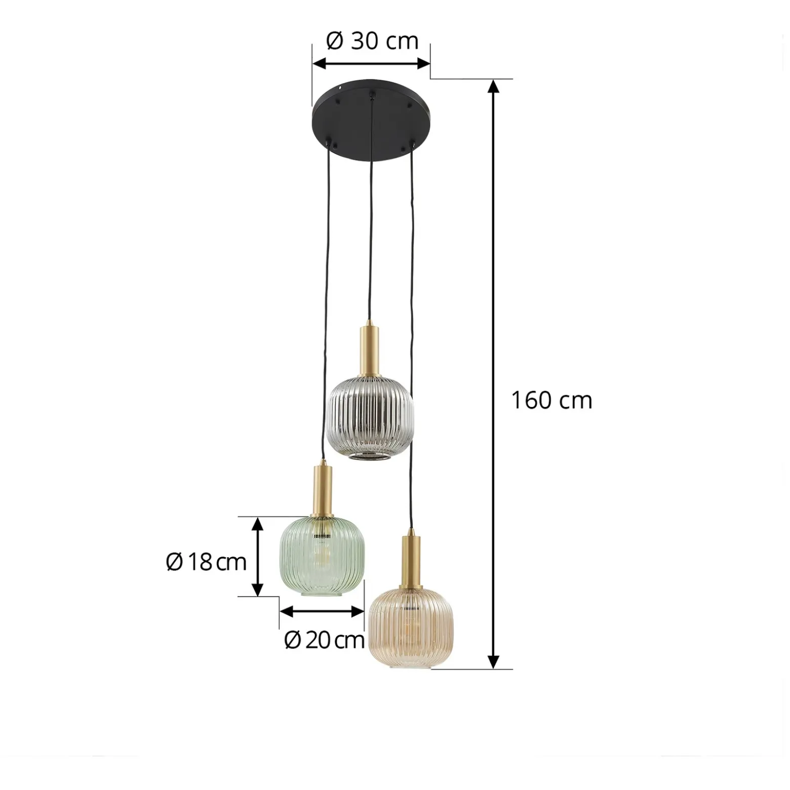 Lámpara colgante Lindby Doroteo, 3 luces, verde/ámbar/gris, cristal
