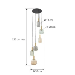 Lámpara colgante Lindby Doroteo, 6 luces, verde/ámbar/gris, cristal