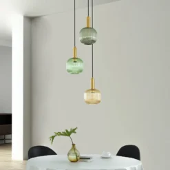 Lámpara colgante Lindby Doroteo, 3 luces, verde/ámbar/gris, cristal